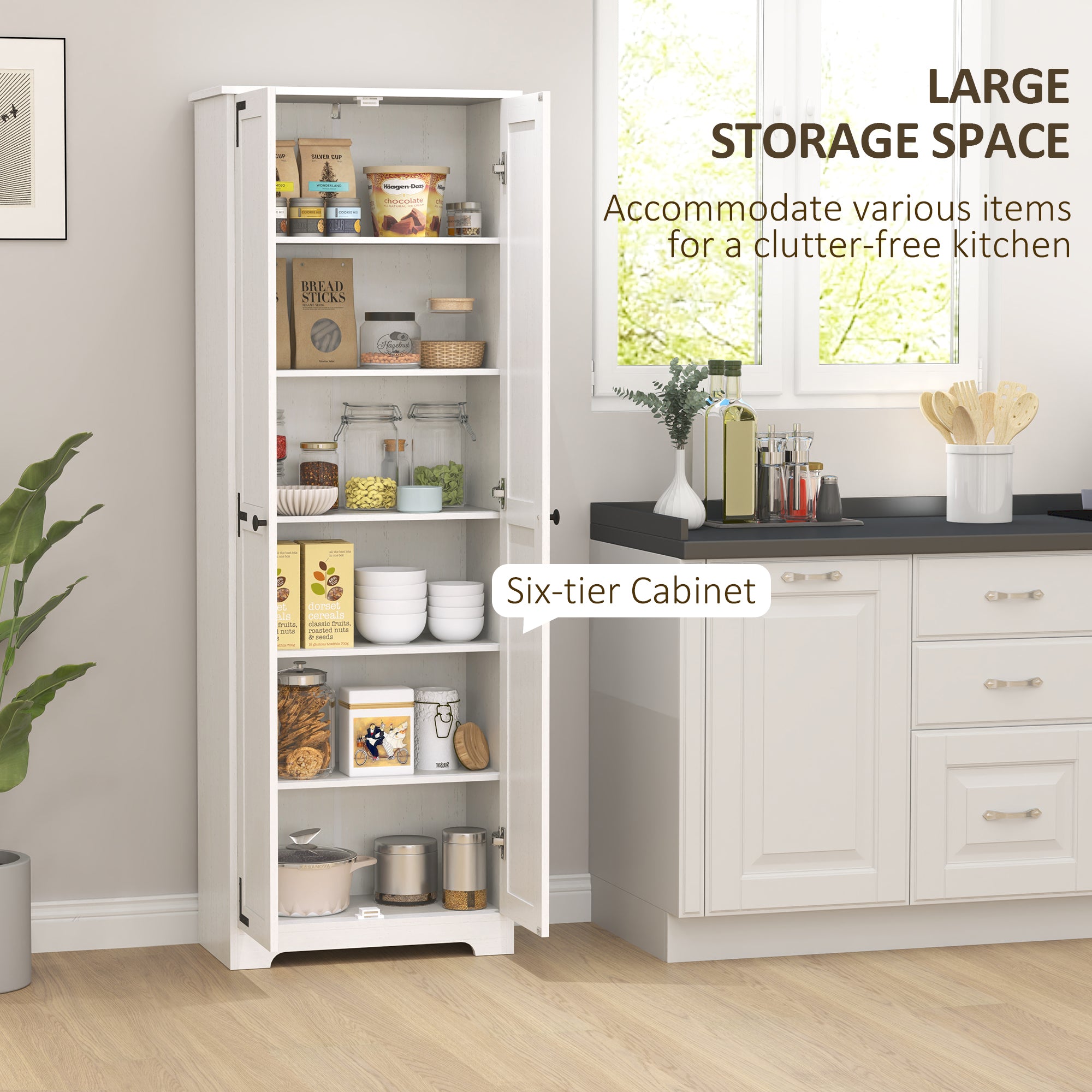 Farmhouse 67" Pantry Cabinet, Distressed White with Adjustable Shelves-DECOROLALA