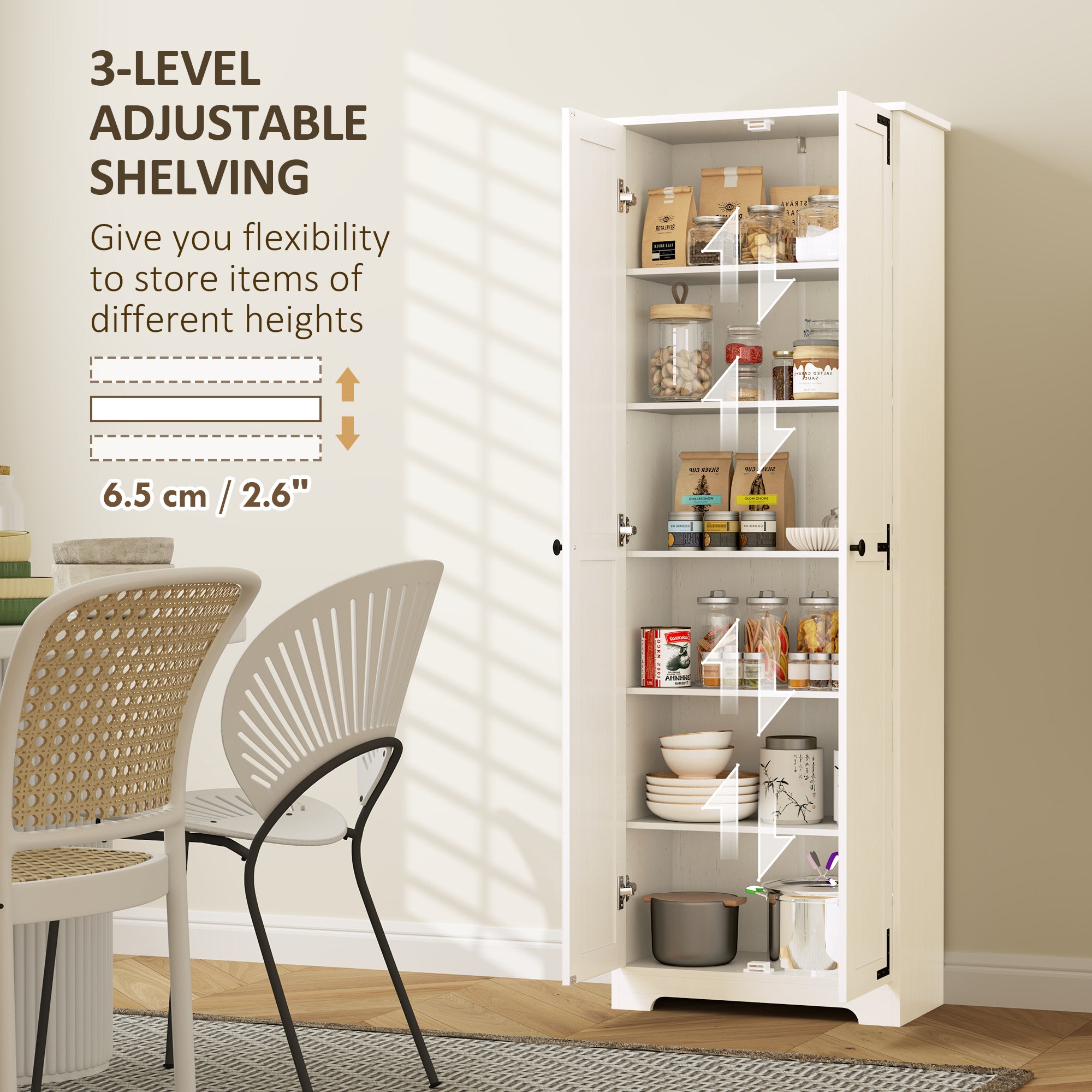 Farmhouse 67" Pantry Cabinet, Distressed White with Adjustable Shelves-DECOROLALA
