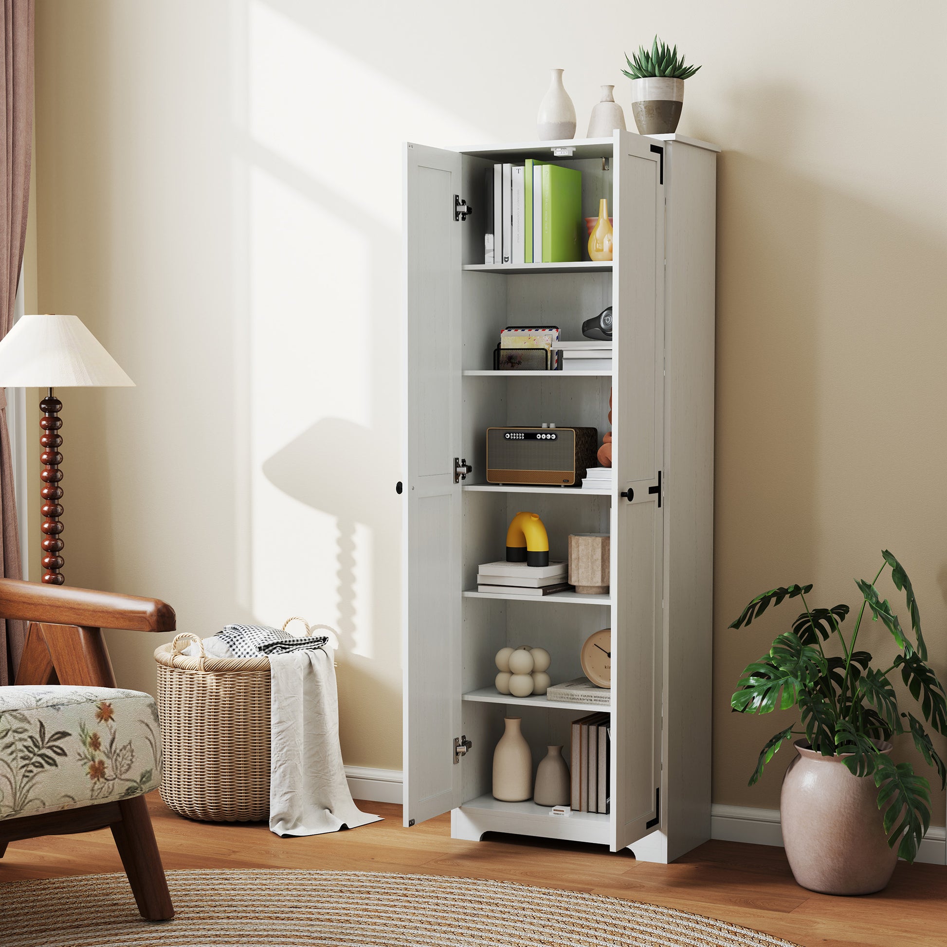 Farmhouse 67" Pantry Cabinet, Distressed White with Adjustable Shelves-DECOROLALA