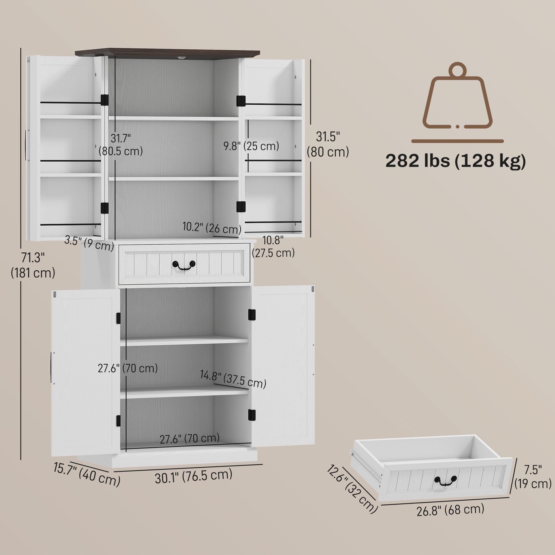 Farmhouse 71" LED Pantry Cabinet, Distressed White, Motion Sensor, Rustic Storage-DECOROLALA