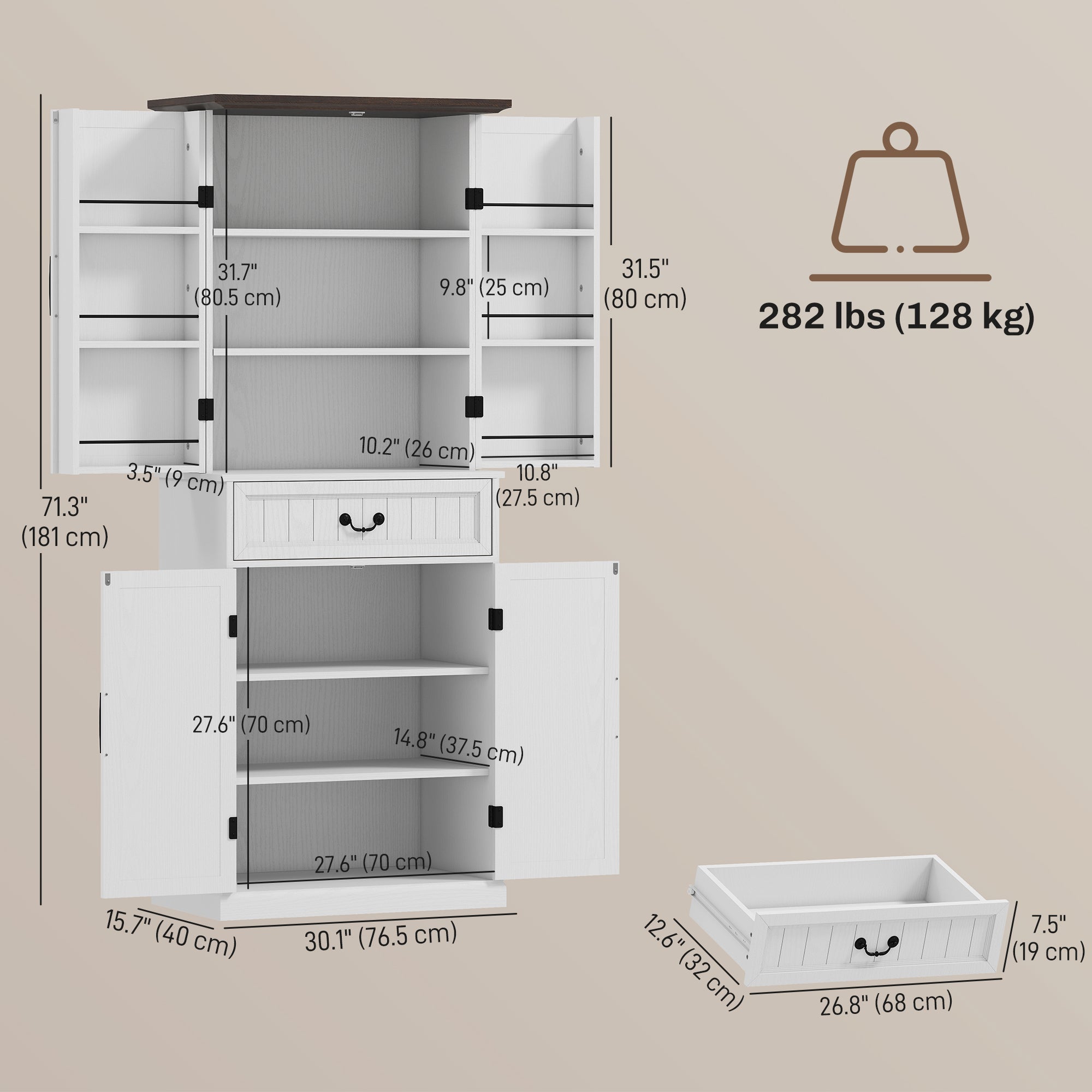 Farmhouse 71" LED Pantry Cabinet, Distressed White, Motion Sensor, Rustic Storage-DECOROLALA