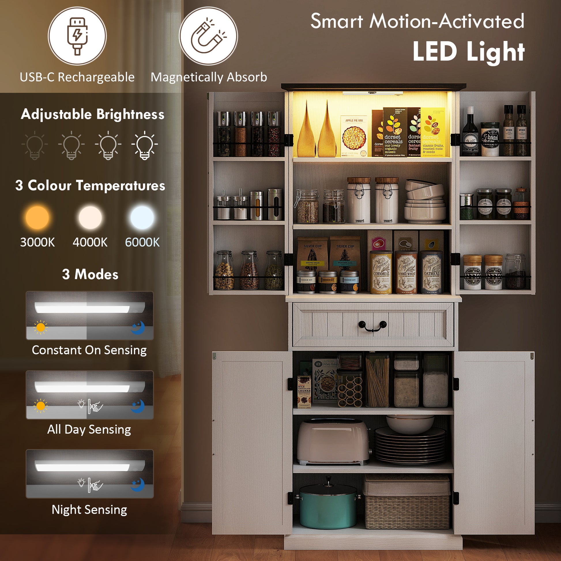 Farmhouse 71" LED Pantry Cabinet, Distressed White, Motion Sensor, Rustic Storage-DECOROLALA