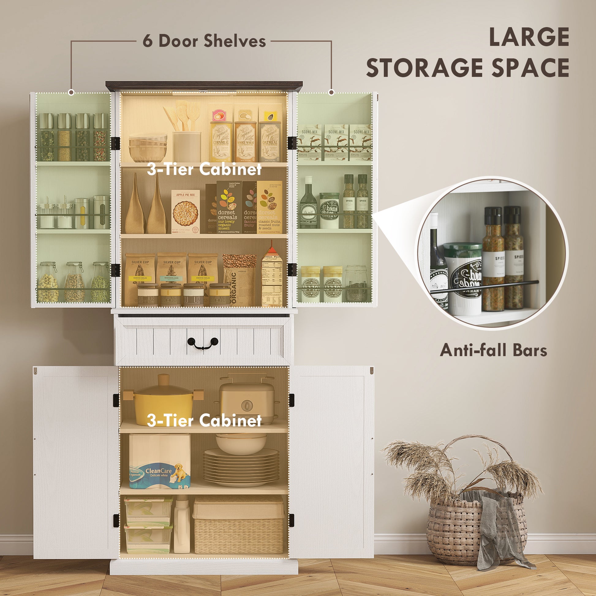 Farmhouse 71" LED Pantry Cabinet, Distressed White, Motion Sensor, Rustic Storage-DECOROLALA