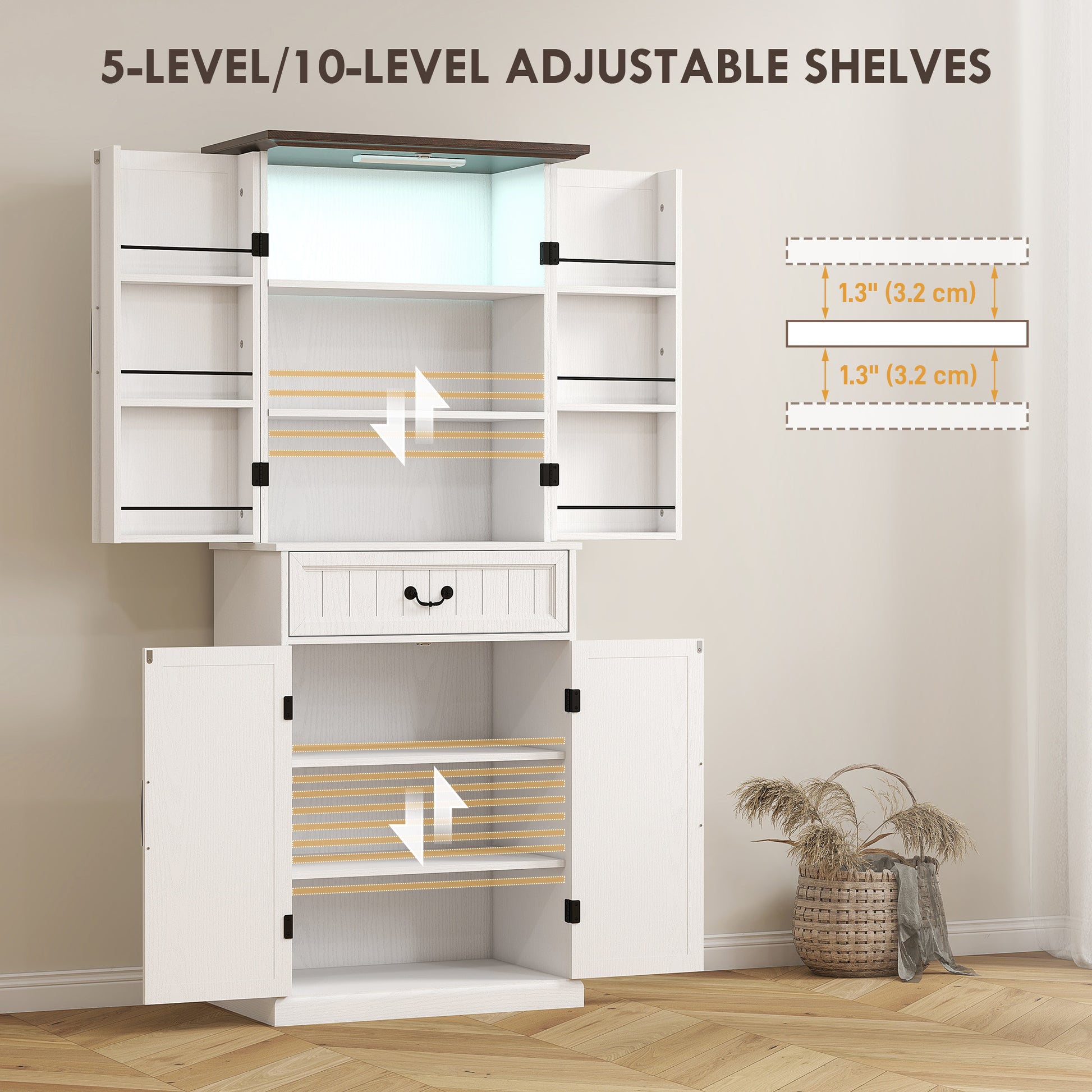 Farmhouse 71" LED Pantry Cabinet, Distressed White, Motion Sensor, Rustic Storage-DECOROLALA