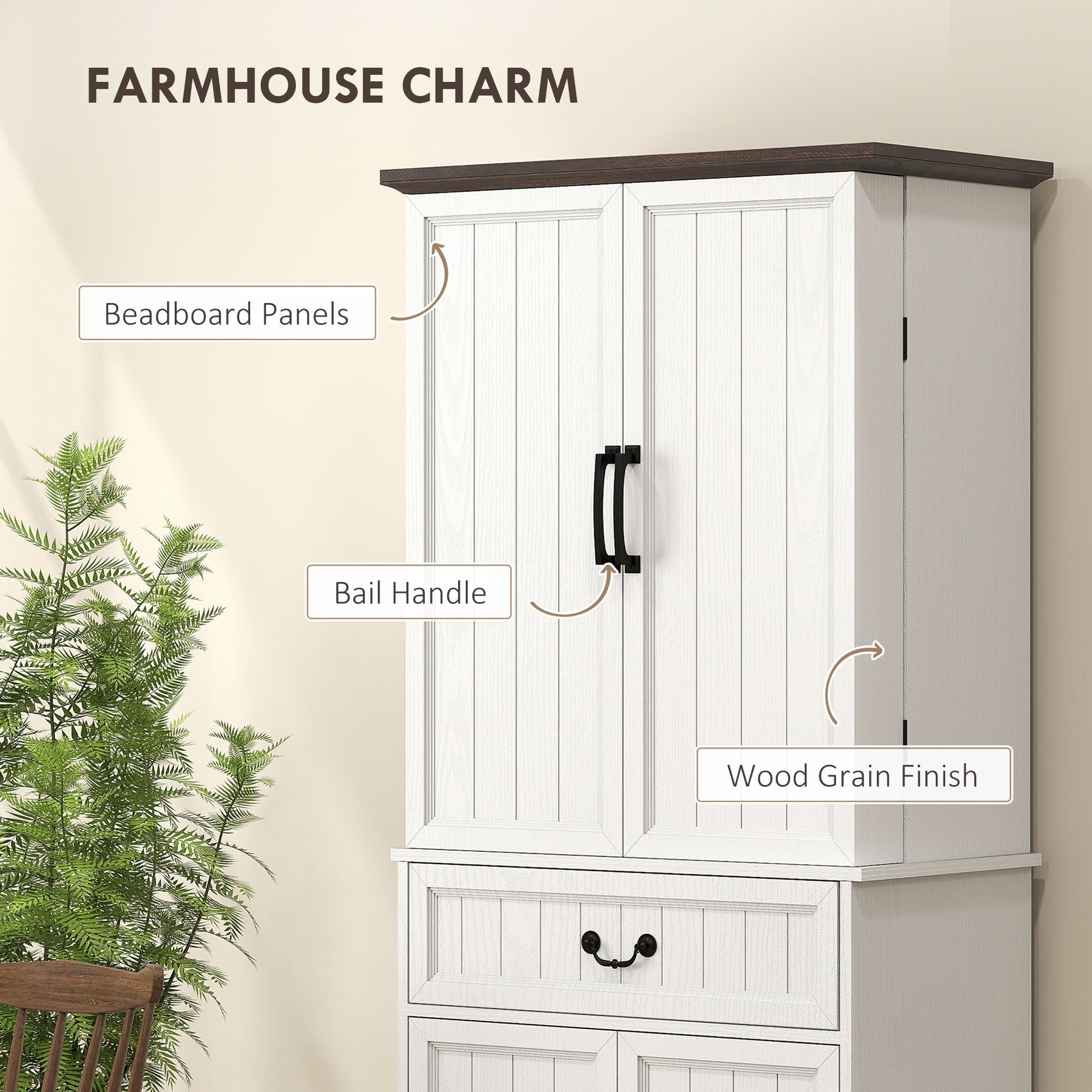 Farmhouse 71" LED Pantry Cabinet, Distressed White, Motion Sensor, Rustic Storage-DECOROLALA