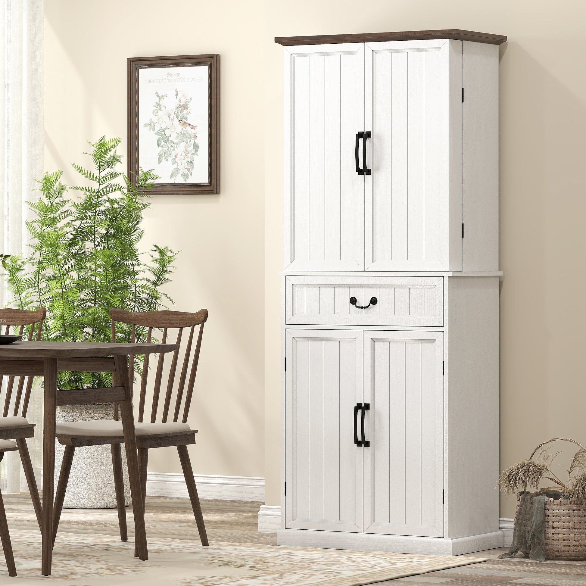 Farmhouse 71" LED Pantry Cabinet, Distressed White, Motion Sensor, Rustic Storage-DECOROLALA