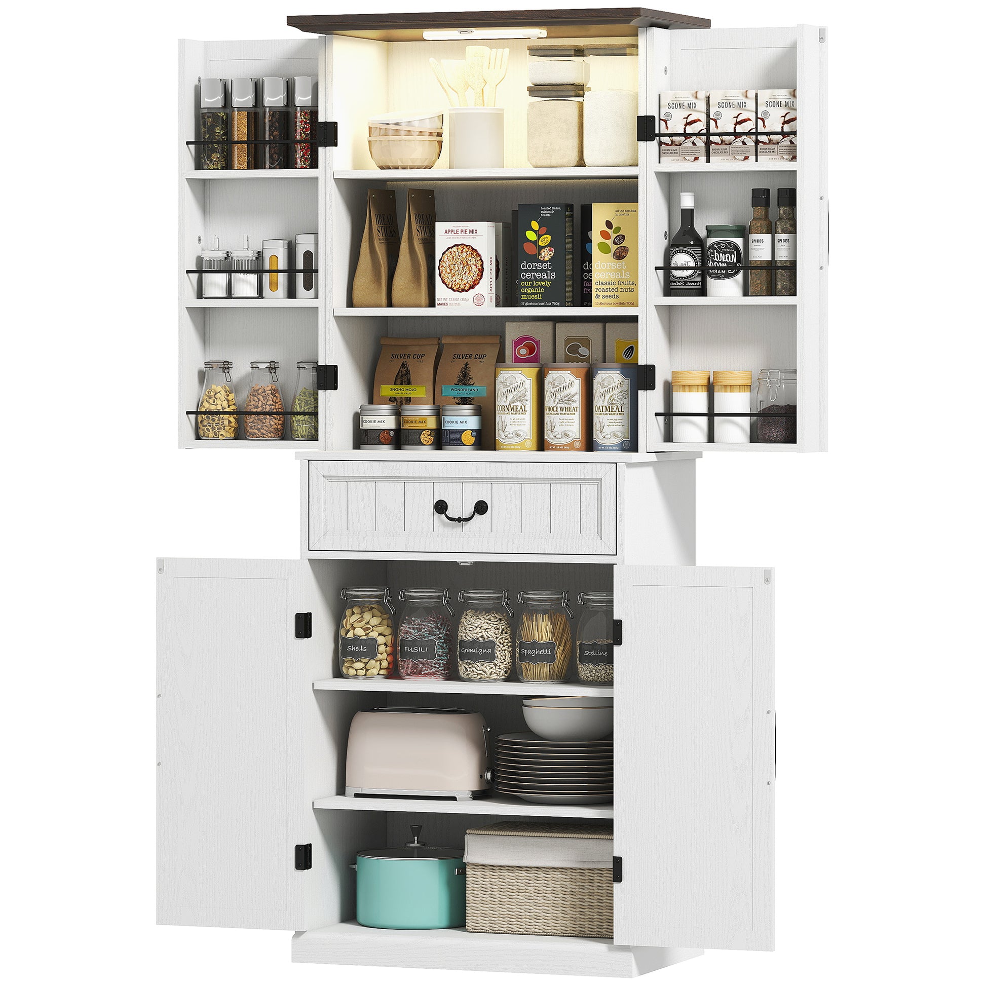 Farmhouse 71" LED Pantry Cabinet, Distressed White, Motion Sensor, Rustic Storage-DECOROLALA