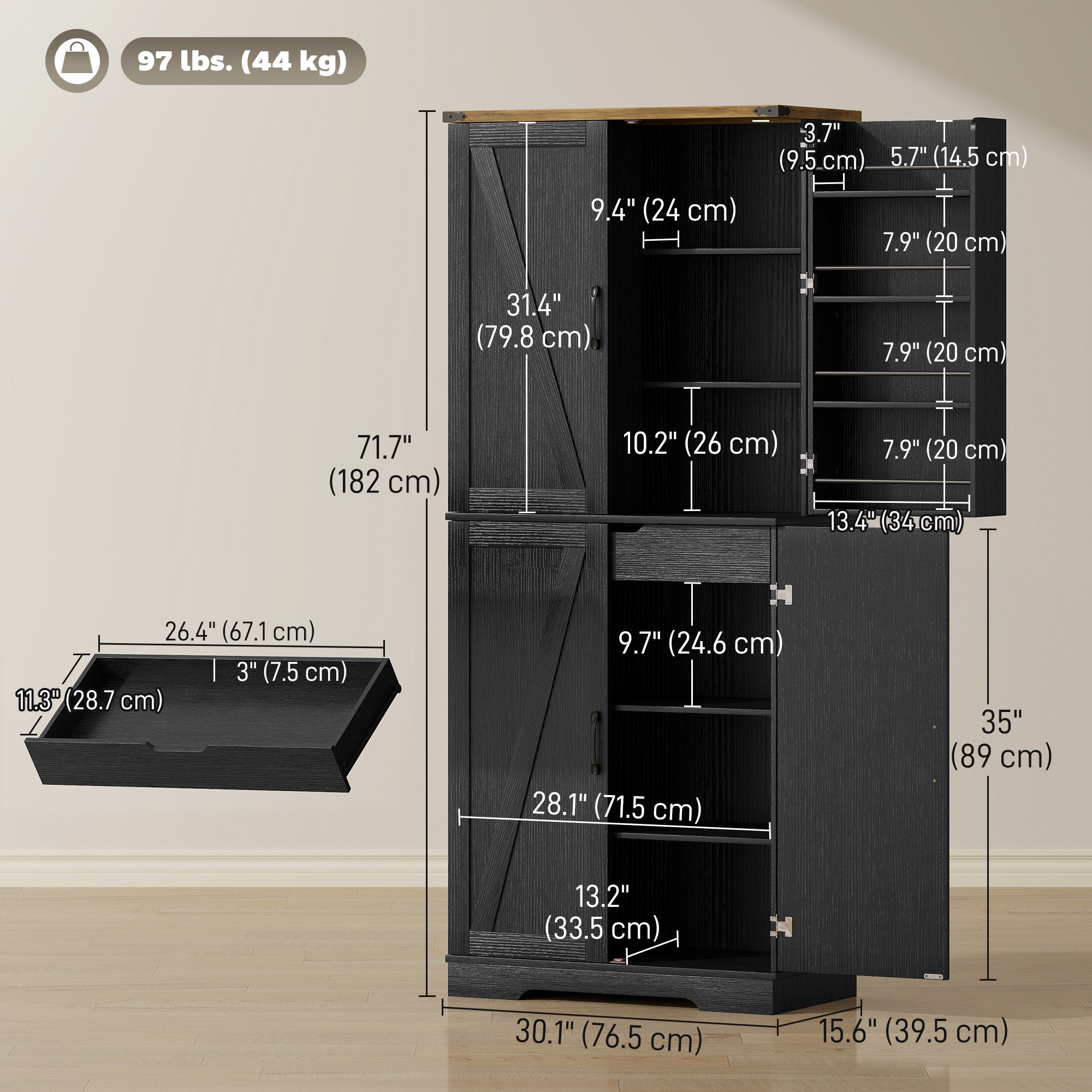 Farmhouse 72" Kitchen Cabinet, Black, 4 Doors, Drawer, Shelves-DECOROLALA