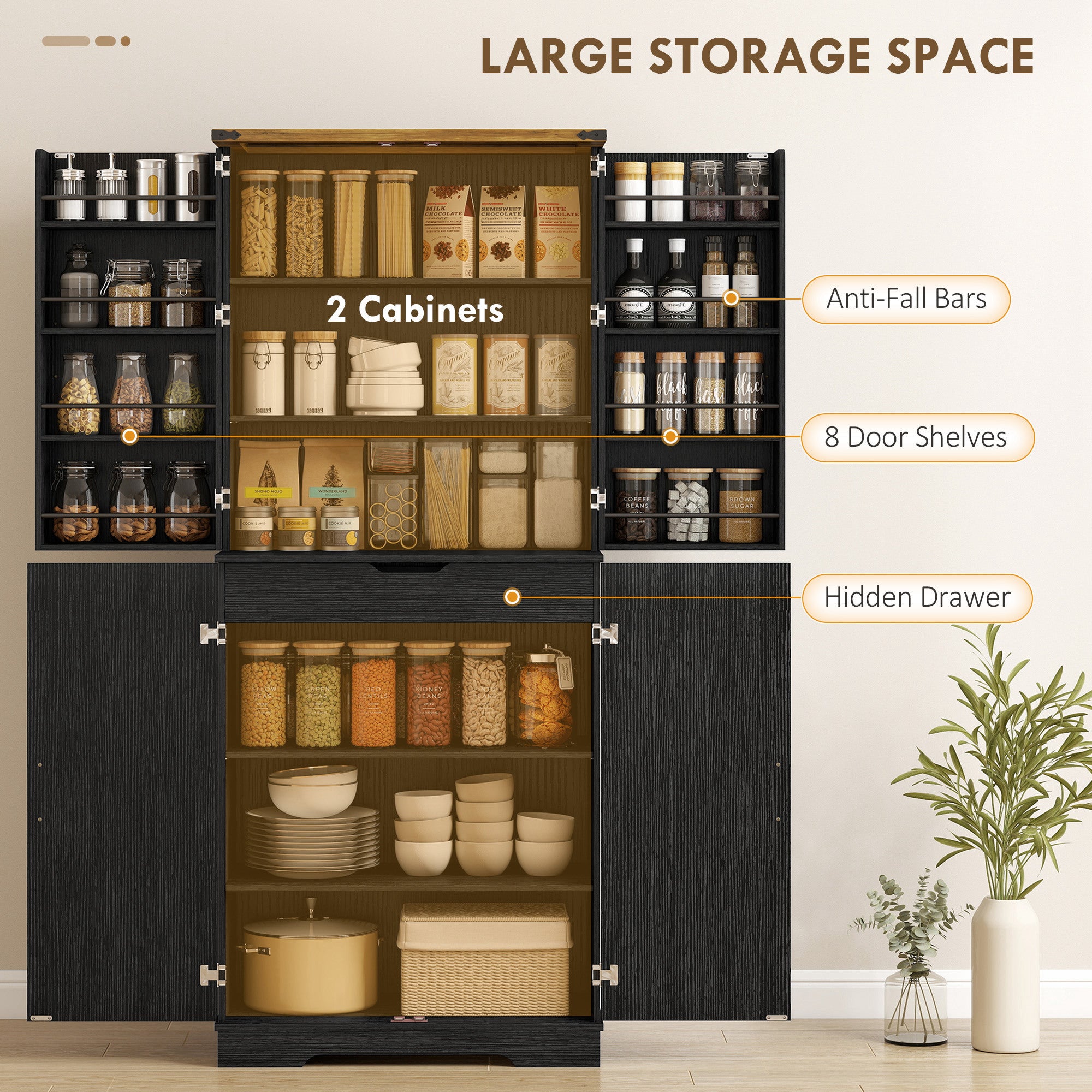 Farmhouse 72" Kitchen Cabinet, Black, 4 Doors, Drawer, Shelves-DECOROLALA