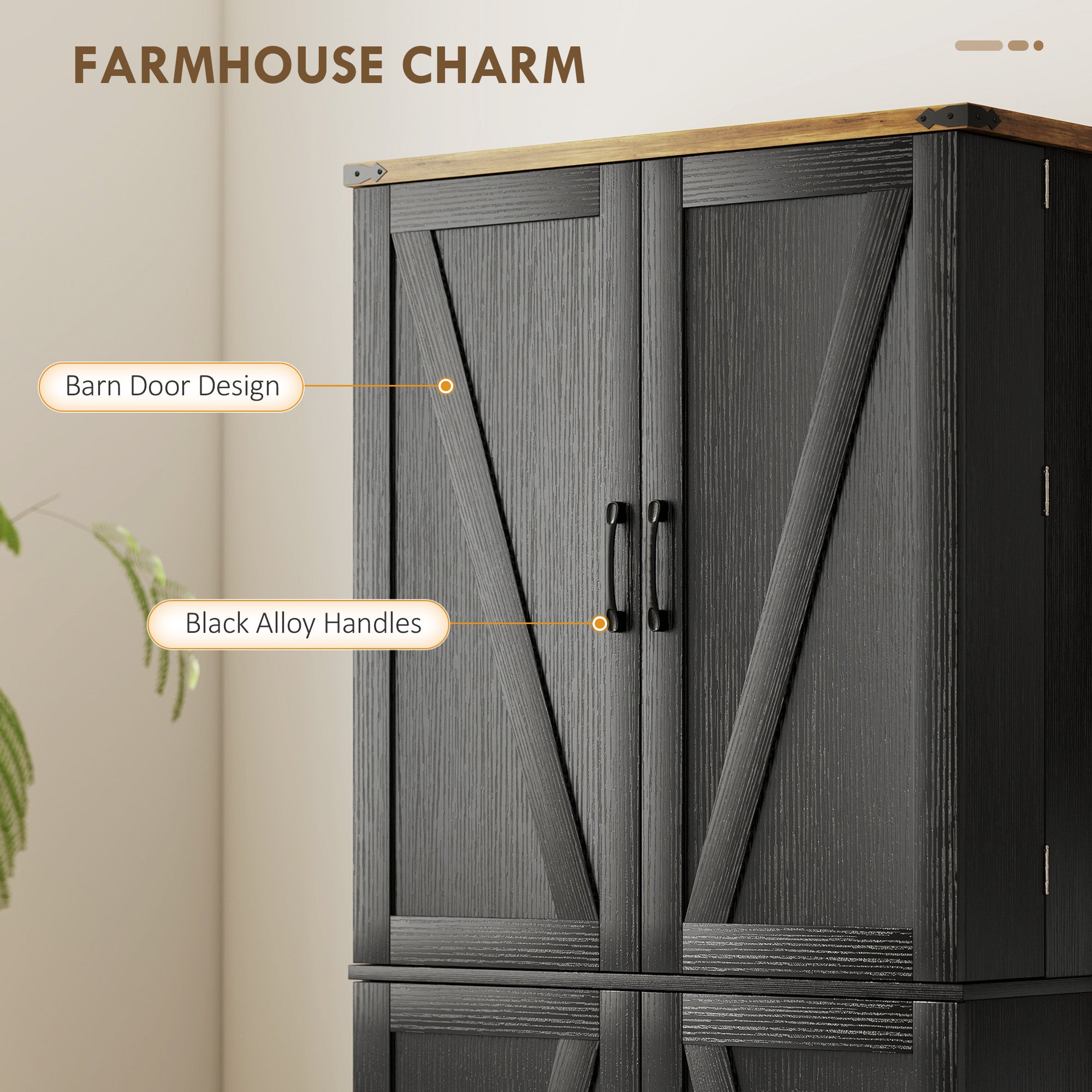 Farmhouse 72" Kitchen Cabinet, Black, 4 Doors, Drawer, Shelves-DECOROLALA