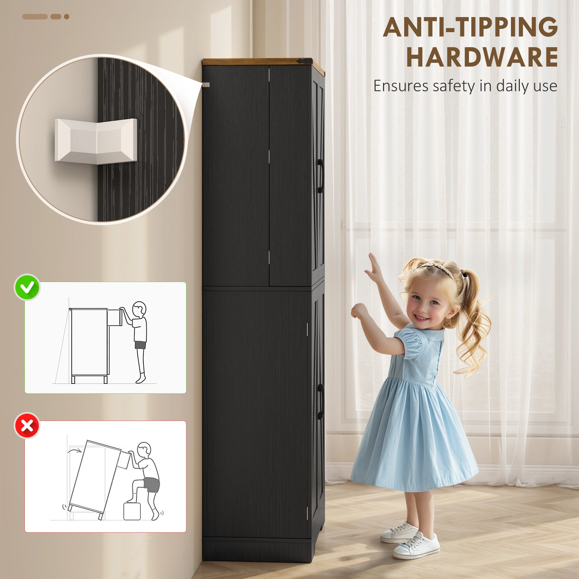 Farmhouse 72" Kitchen Cabinet, Black, 4 Doors, Drawer, Shelves-DECOROLALA