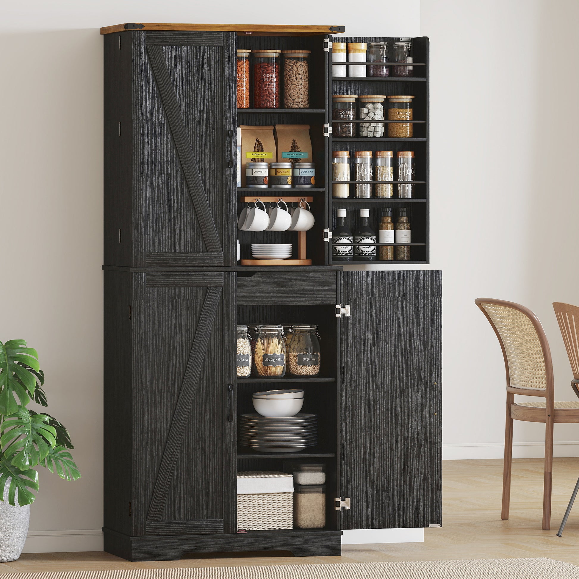 Farmhouse 72" Kitchen Cabinet, Black, 4 Doors, Drawer, Shelves-DECOROLALA
