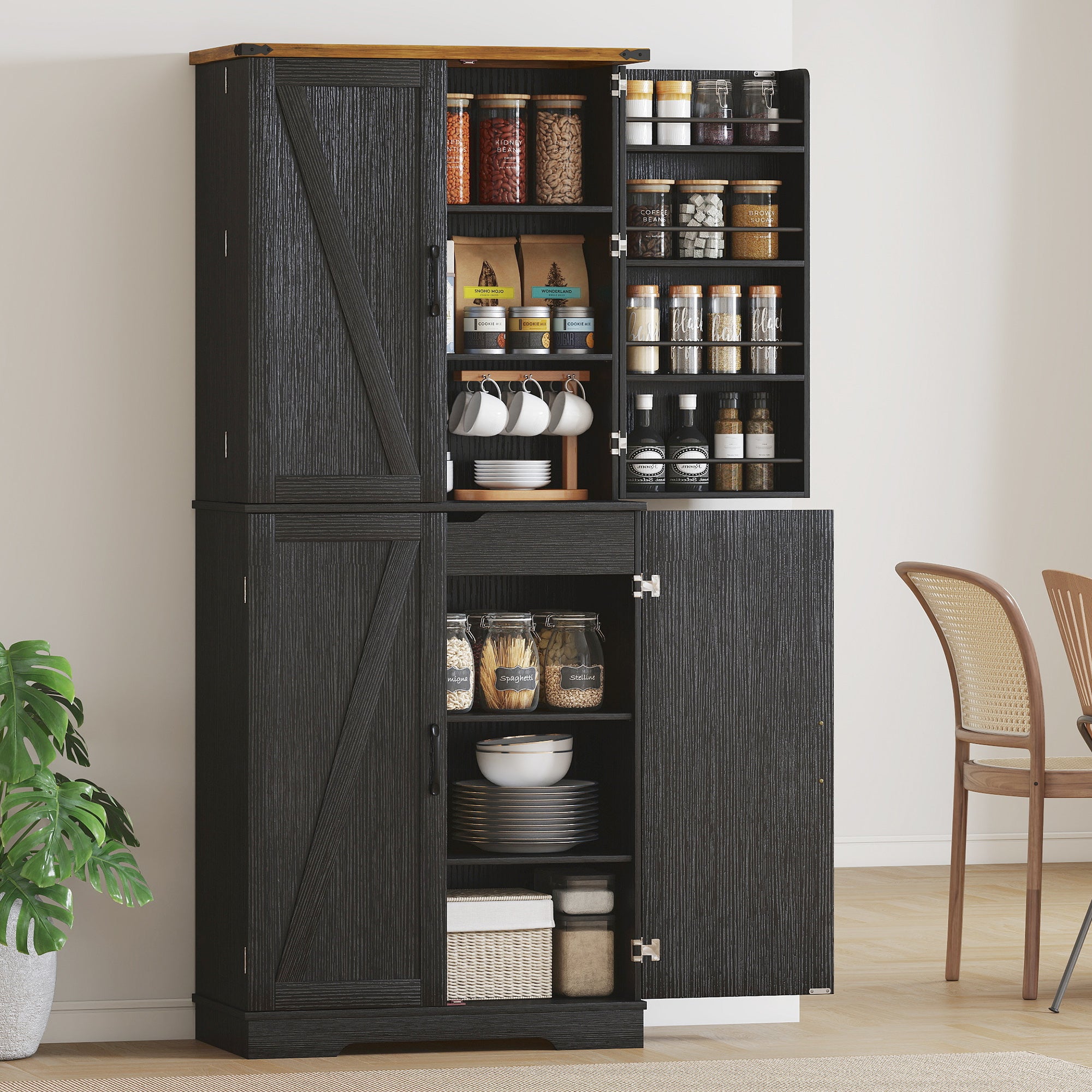 Farmhouse 72" Kitchen Cabinet, Black, 4 Doors, Drawer, Shelves-DECOROLALA