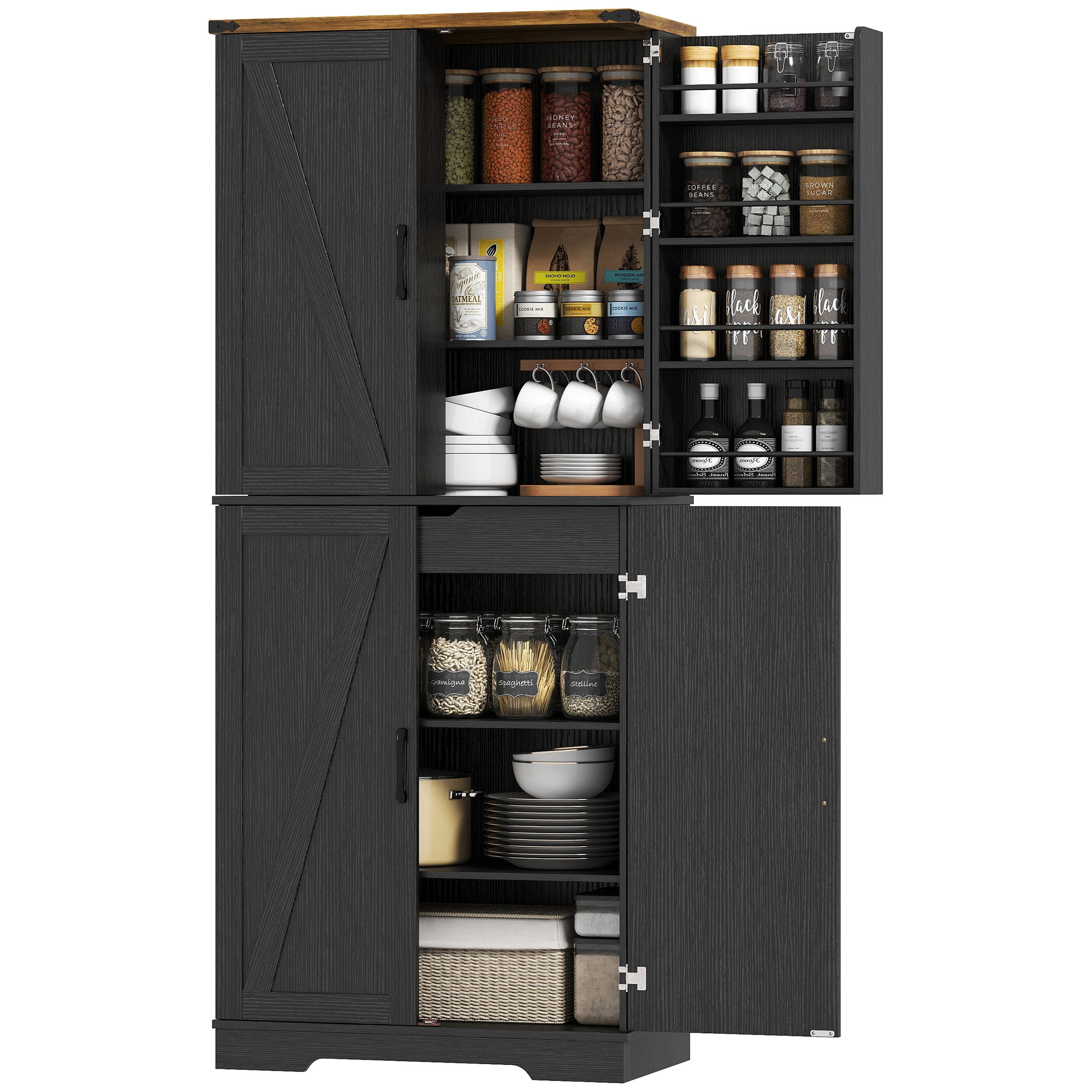 Farmhouse 72" Kitchen Cabinet, Black, 4 Doors, Drawer, Shelves-DECOROLALA