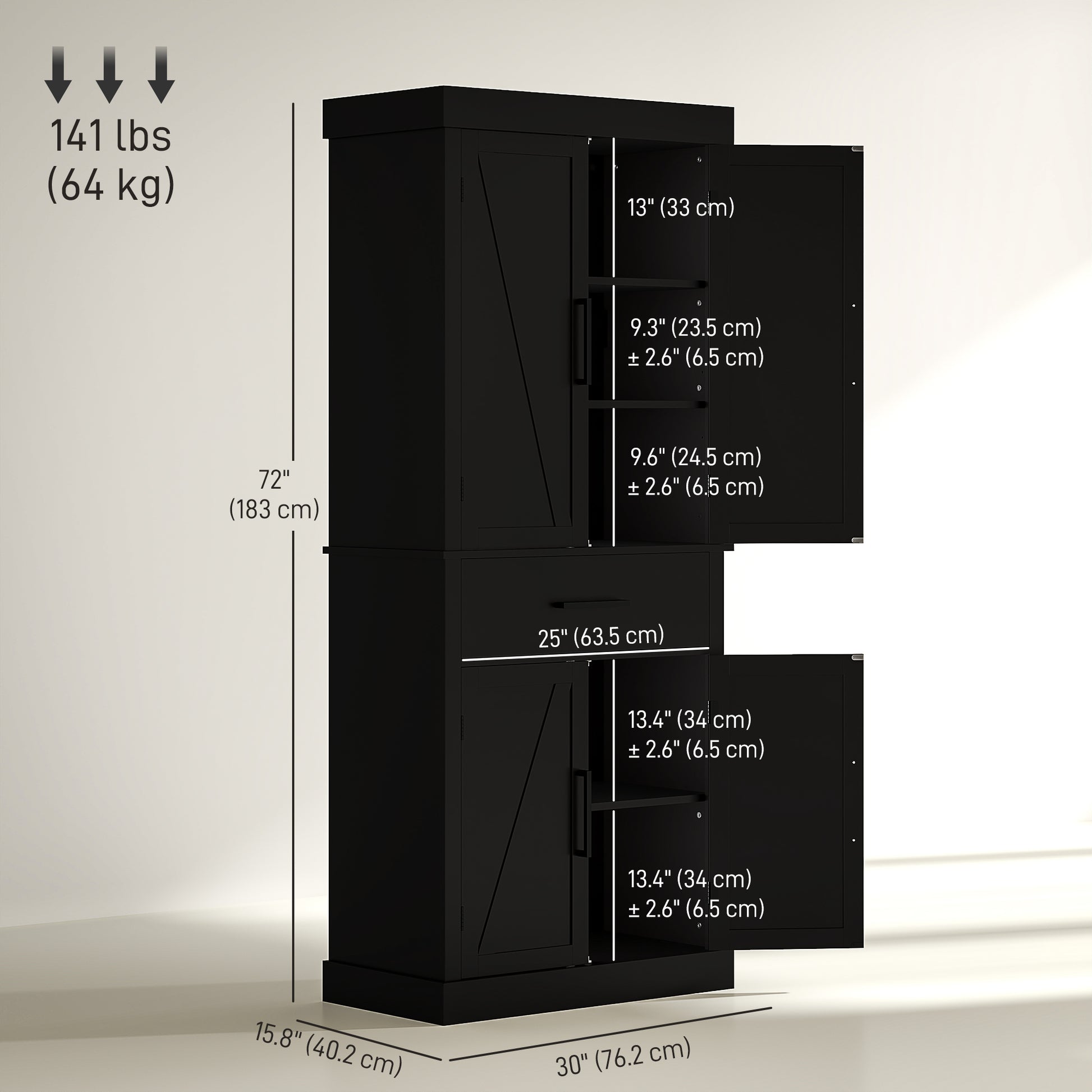 Farmhouse 72" Kitchen Cabinet with 4 Barn Doors, Drawer, Shelves - Black-DECOROLALA