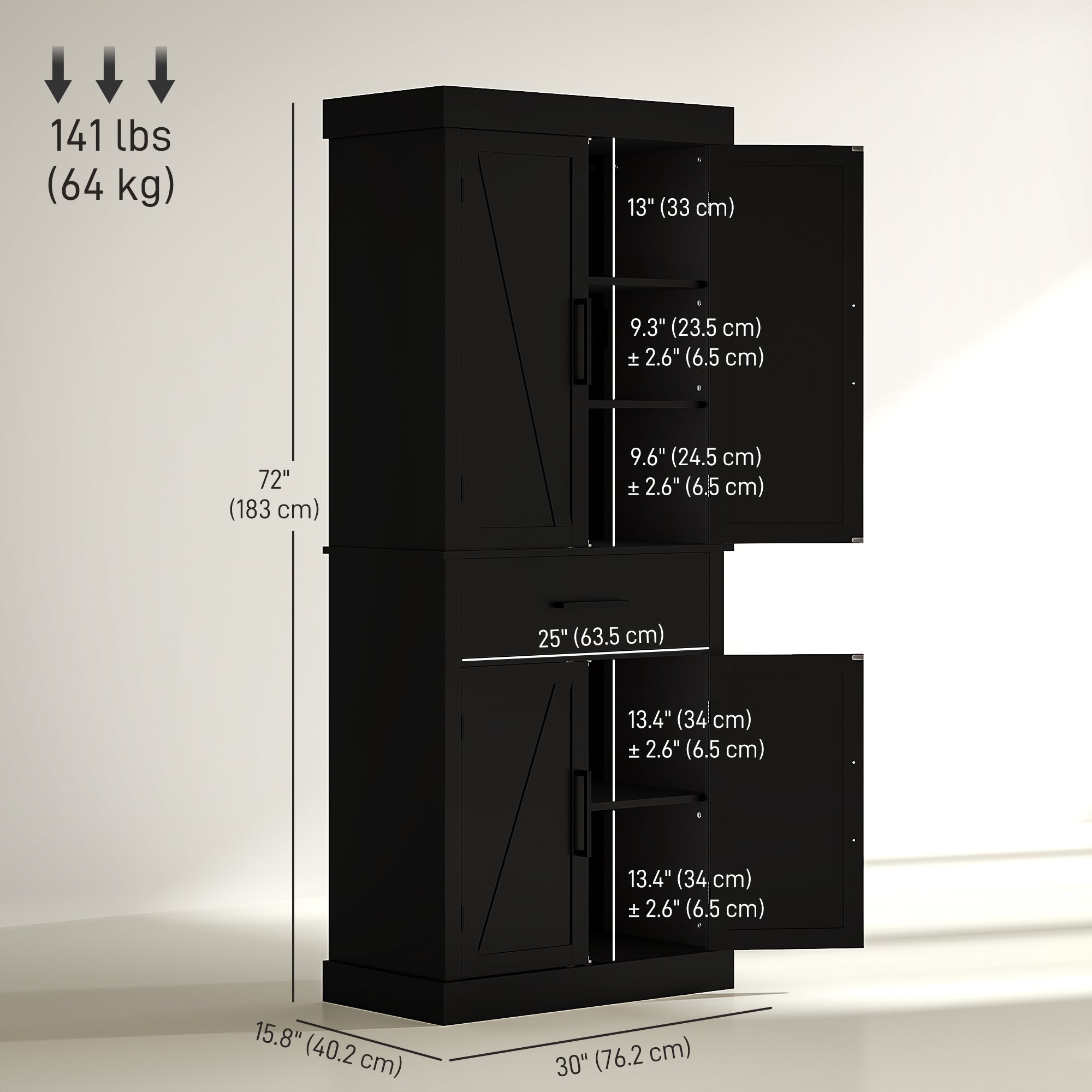 Farmhouse 72" Kitchen Cabinet with 4 Barn Doors, Drawer, Shelves - Black-DECOROLALA