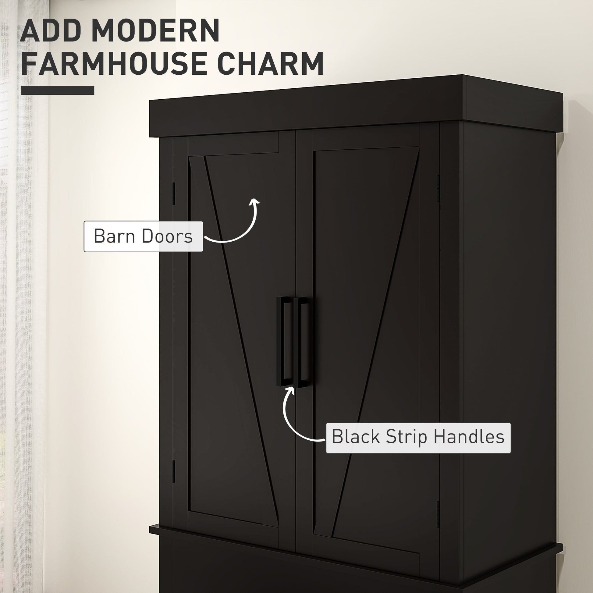 Farmhouse 72" Kitchen Cabinet with 4 Barn Doors, Drawer, Shelves - Black-DECOROLALA