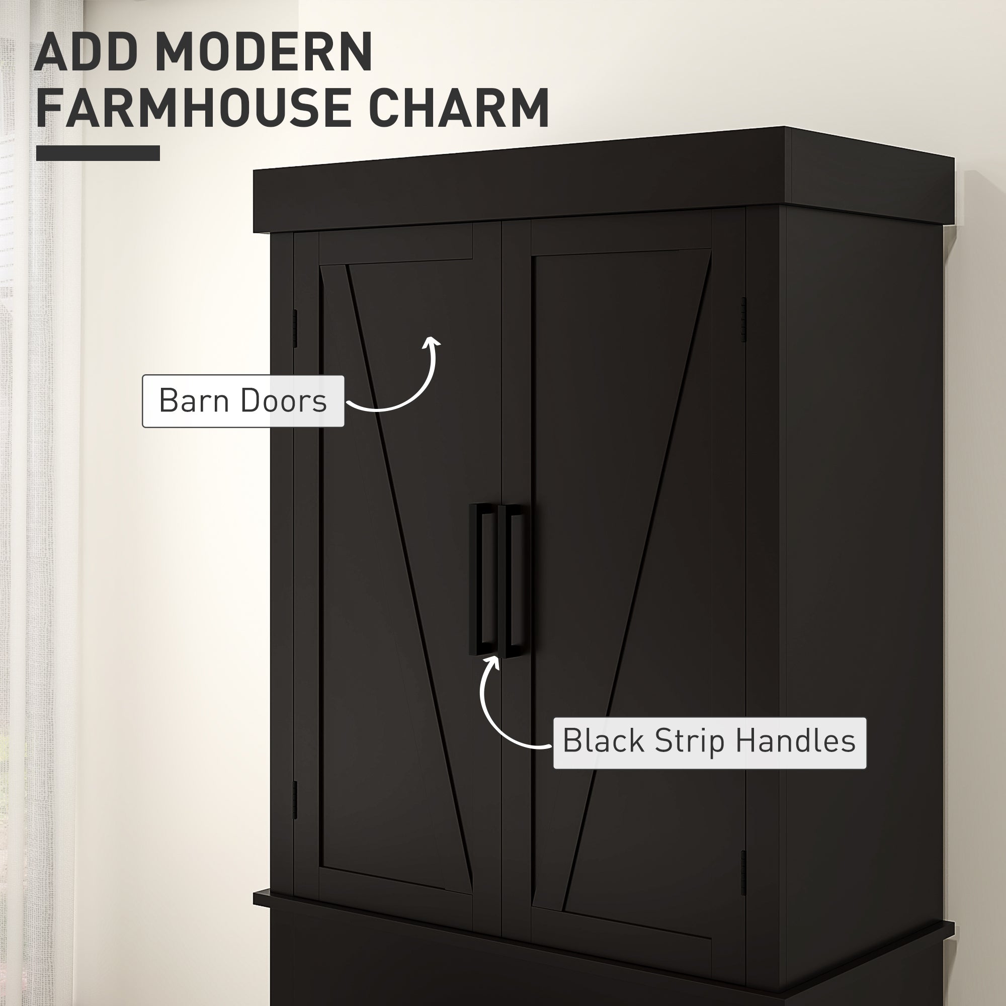 Farmhouse 72" Kitchen Cabinet with 4 Barn Doors, Drawer, Shelves - Black-DECOROLALA