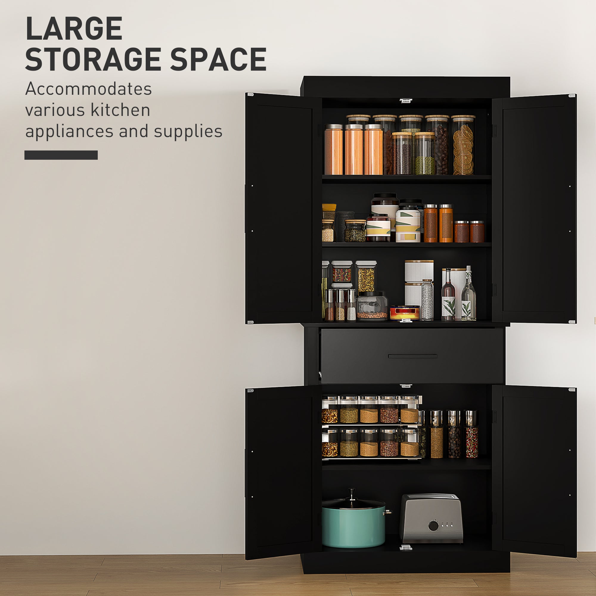 Farmhouse 72" Kitchen Cabinet with 4 Barn Doors, Drawer, Shelves - Black-DECOROLALA