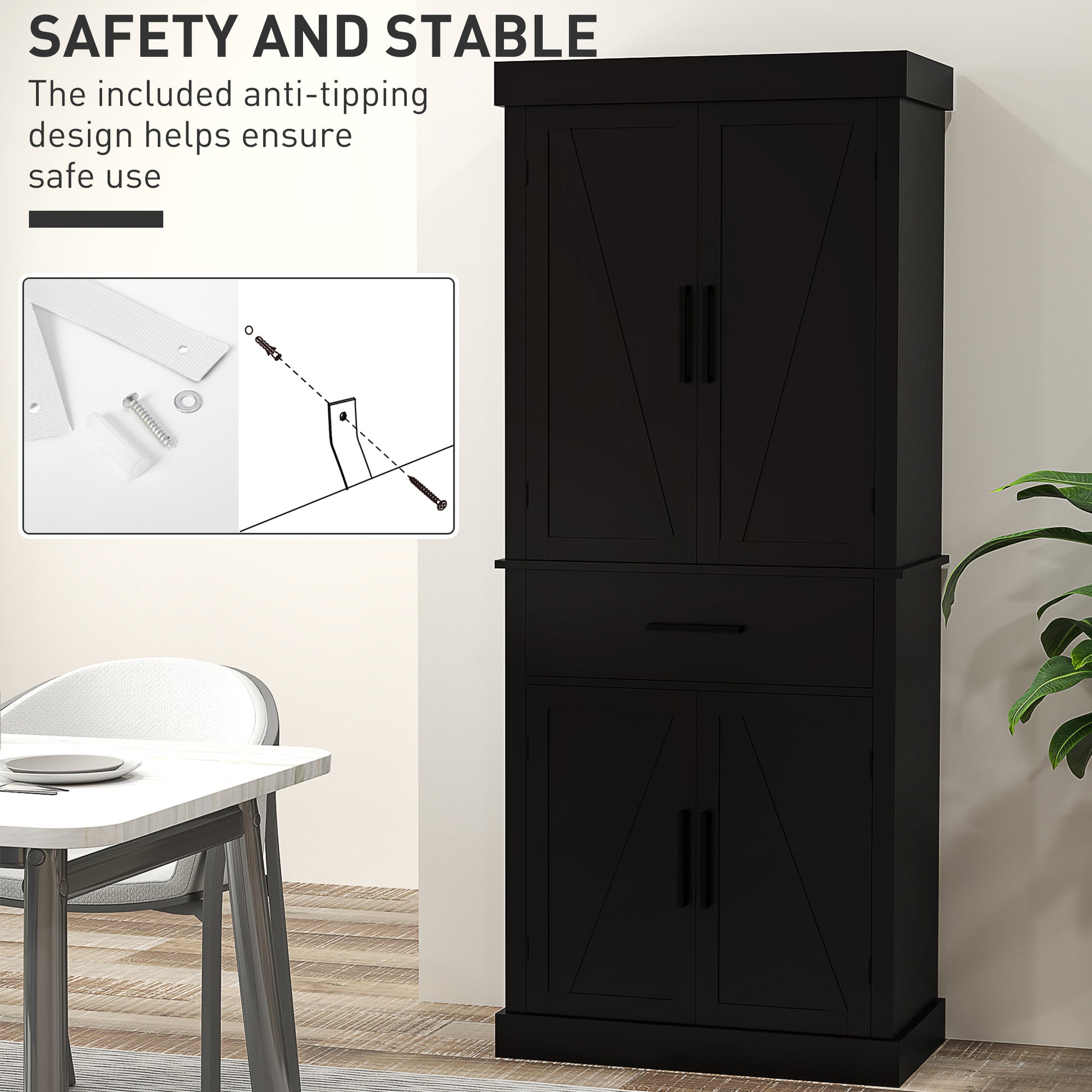 Farmhouse 72" Kitchen Cabinet with 4 Barn Doors, Drawer, Shelves - Black-DECOROLALA