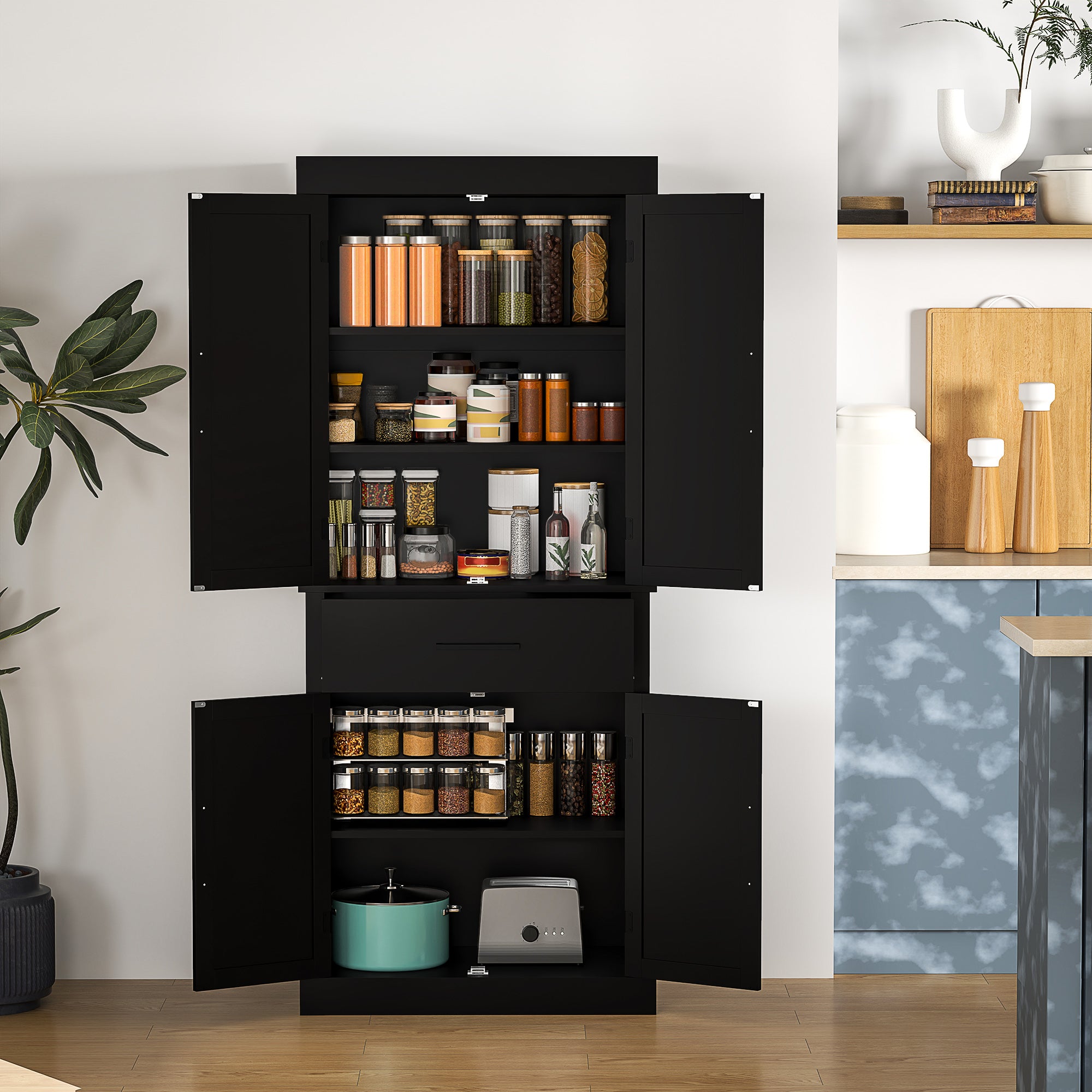 Farmhouse 72" Kitchen Cabinet with 4 Barn Doors, Drawer, Shelves - Black-DECOROLALA