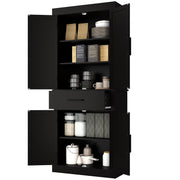 Farmhouse 72" Kitchen Cabinet with 4 Barn Doors, Drawer, Shelves - Black-DECOROLALA