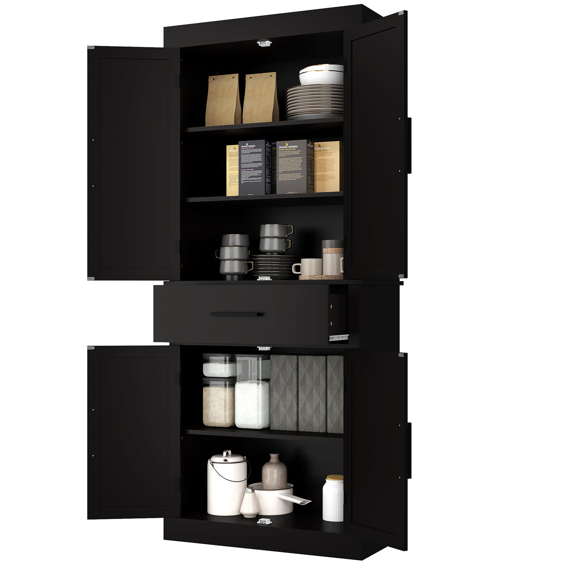 Farmhouse 72" Kitchen Cabinet with 4 Barn Doors, Drawer, Shelves - Black-DECOROLALA