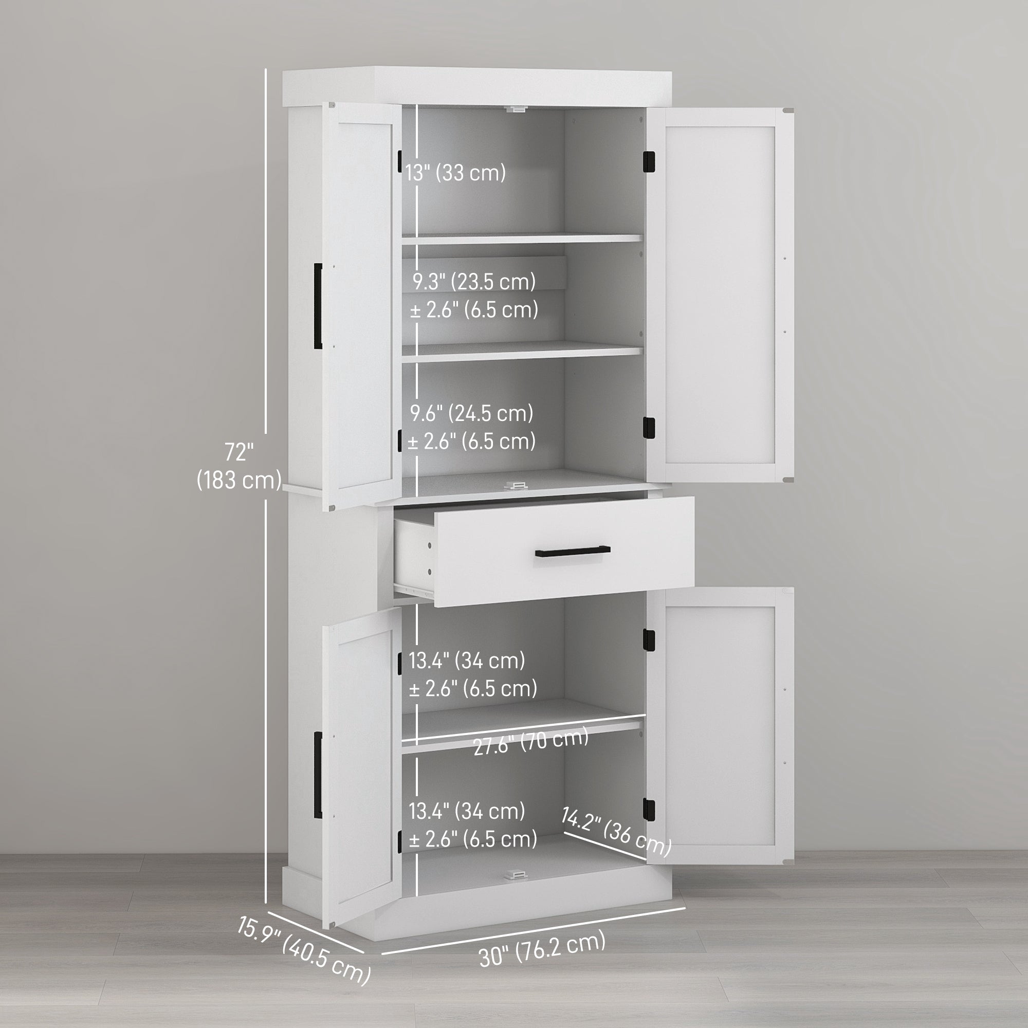 Farmhouse 72" Kitchen Storage Cabinet with 4 Barn Doors, White-DECOROLALA