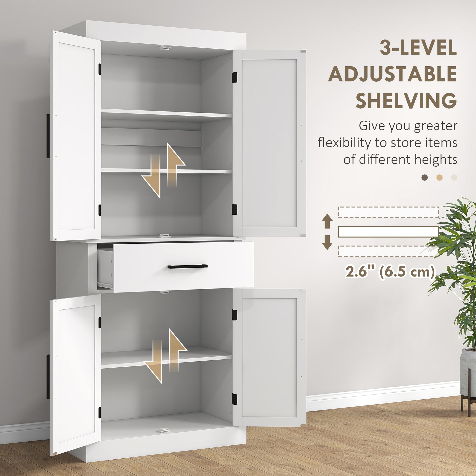 Farmhouse 72" Kitchen Storage Cabinet with 4 Barn Doors, White-DECOROLALA