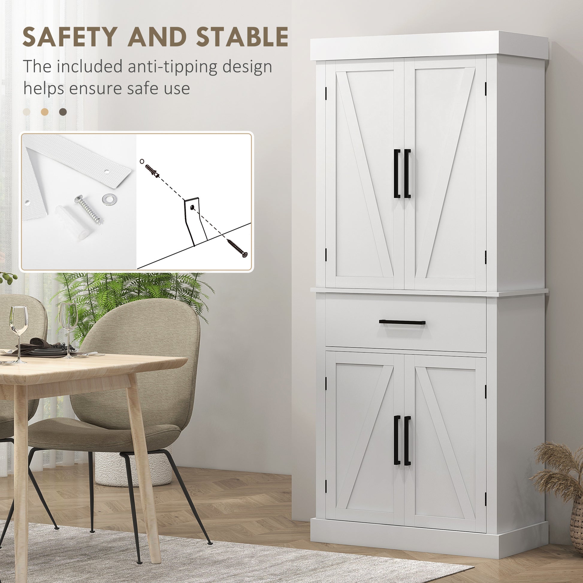 Farmhouse 72" Kitchen Storage Cabinet with 4 Barn Doors, White-DECOROLALA