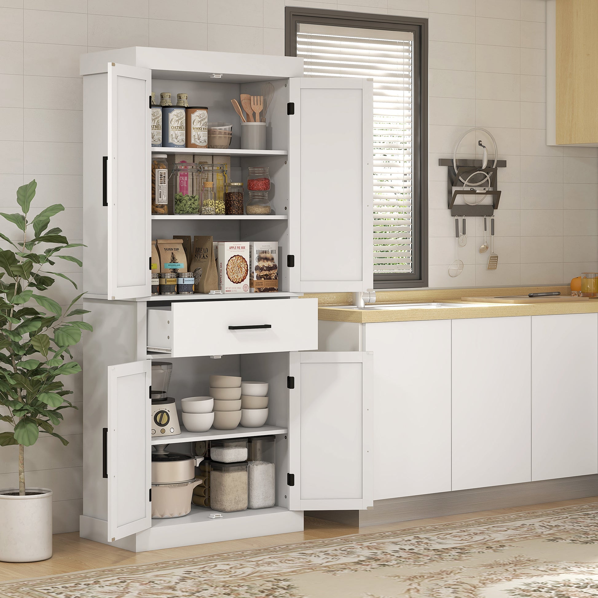 Farmhouse 72" Kitchen Storage Cabinet with 4 Barn Doors, White-DECOROLALA