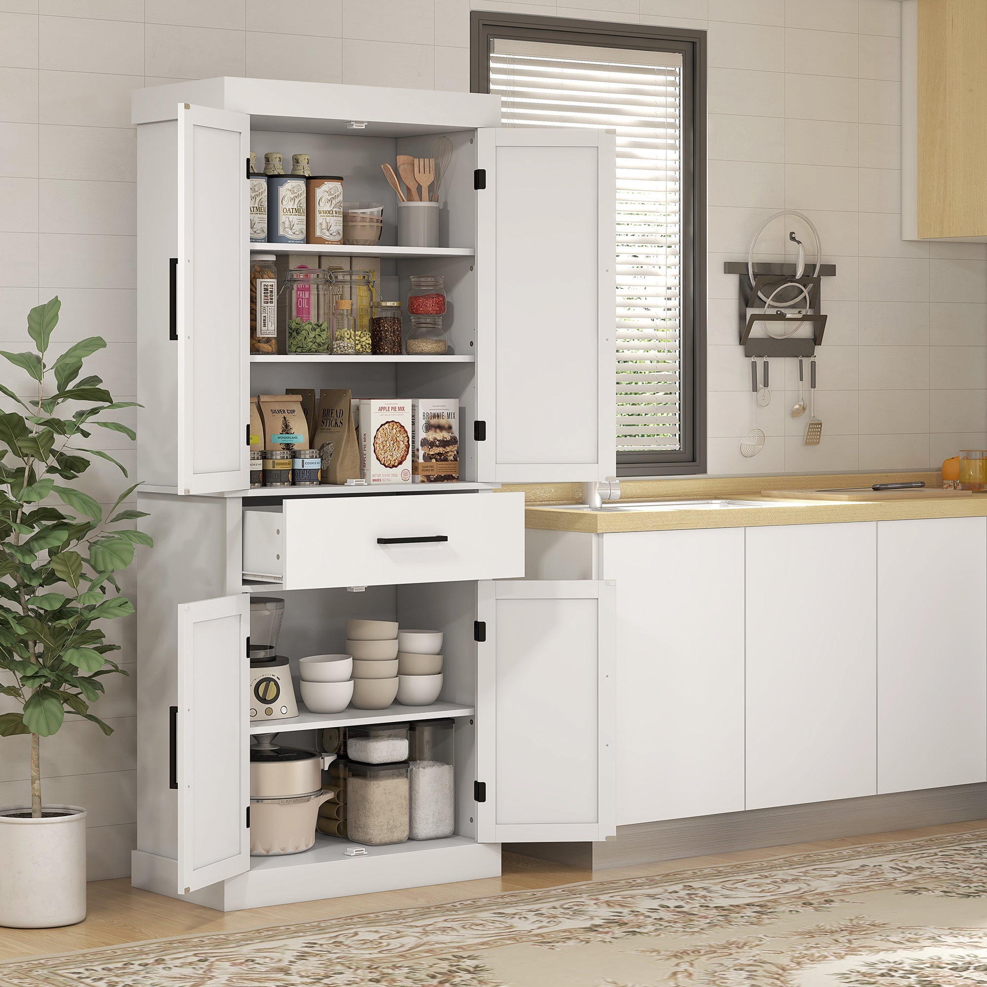 Farmhouse 72" Kitchen Storage Cabinet with 4 Barn Doors, White-DECOROLALA