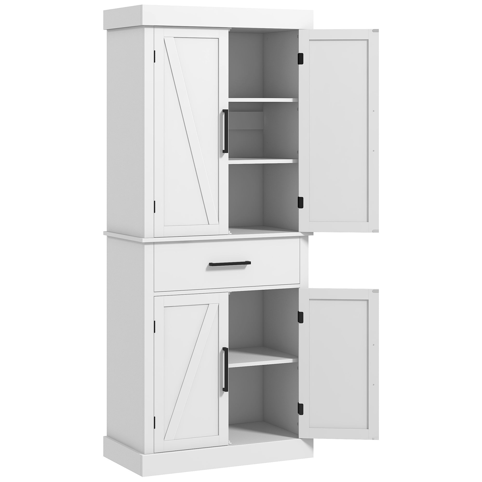 Farmhouse 72" Kitchen Storage Cabinet with 4 Barn Doors, White-DECOROLALA
