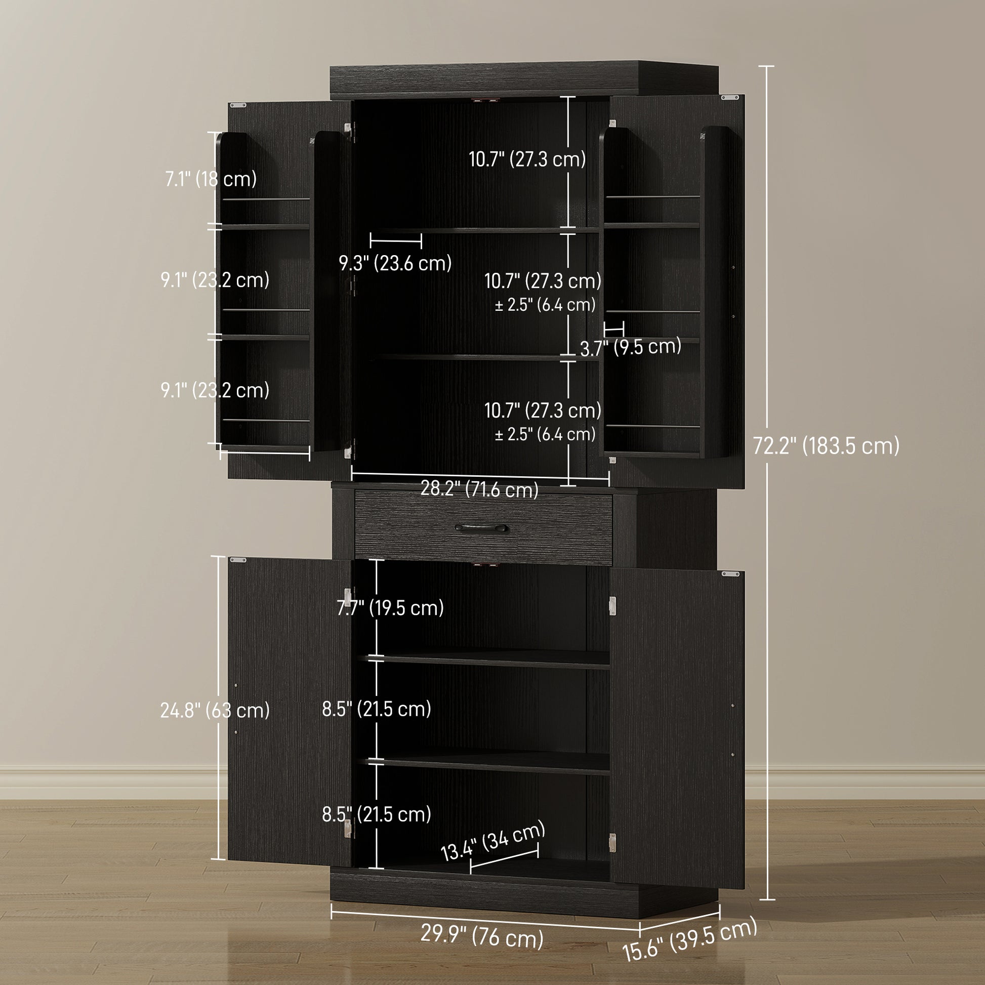 Farmhouse 72" Pantry Cabinet - Black, 4 Barn Doors, 6 Shelves, Drawer-DECOROLALA