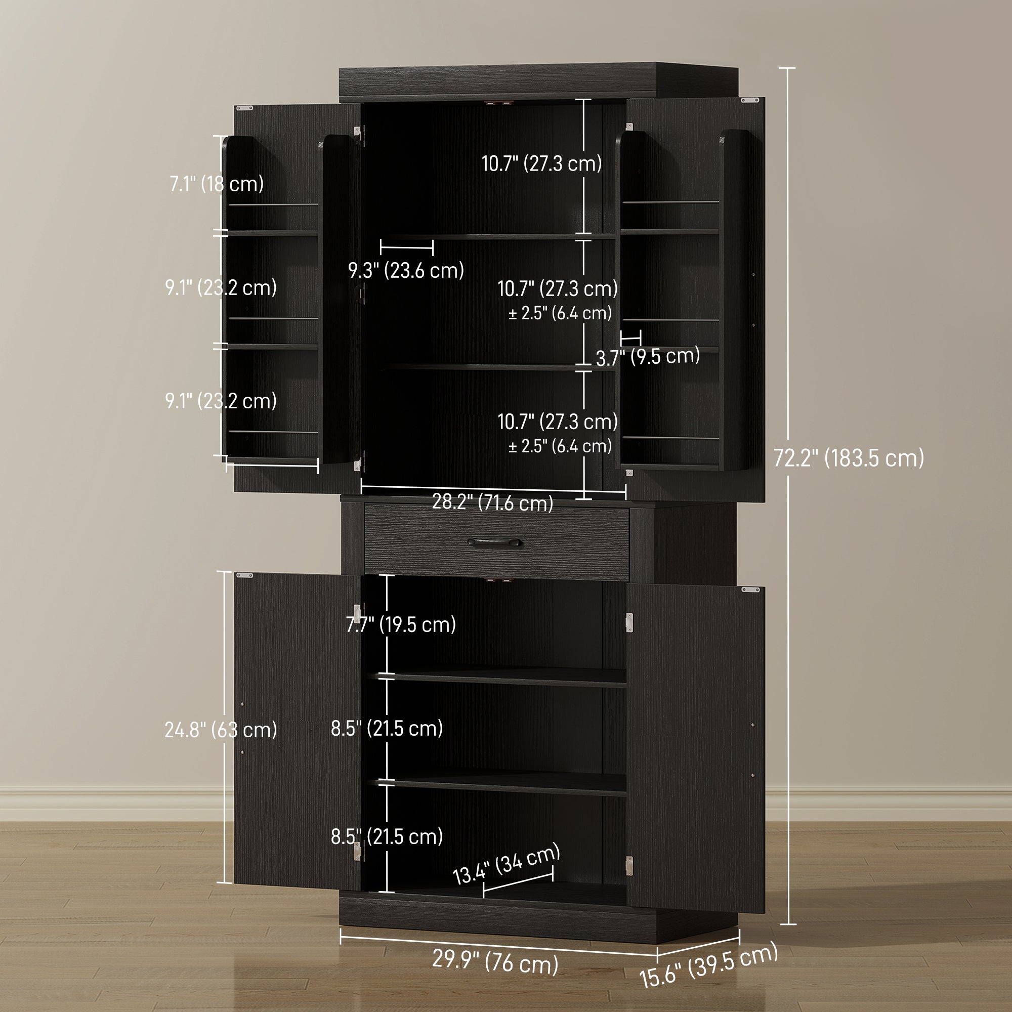 Farmhouse 72" Pantry Cabinet - Black, 4 Barn Doors, 6 Shelves, Drawer-DECOROLALA