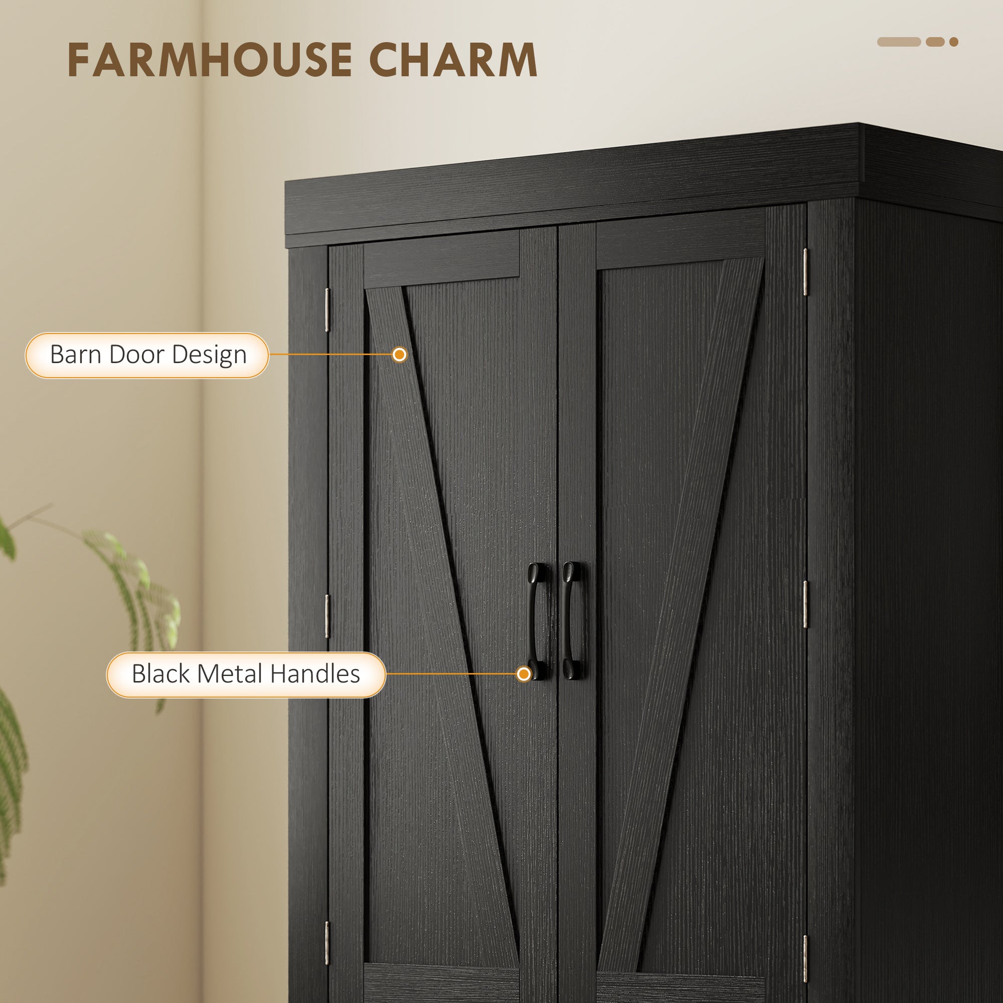 Farmhouse 72" Pantry Cabinet - Black, 4 Barn Doors, 6 Shelves, Drawer-DECOROLALA