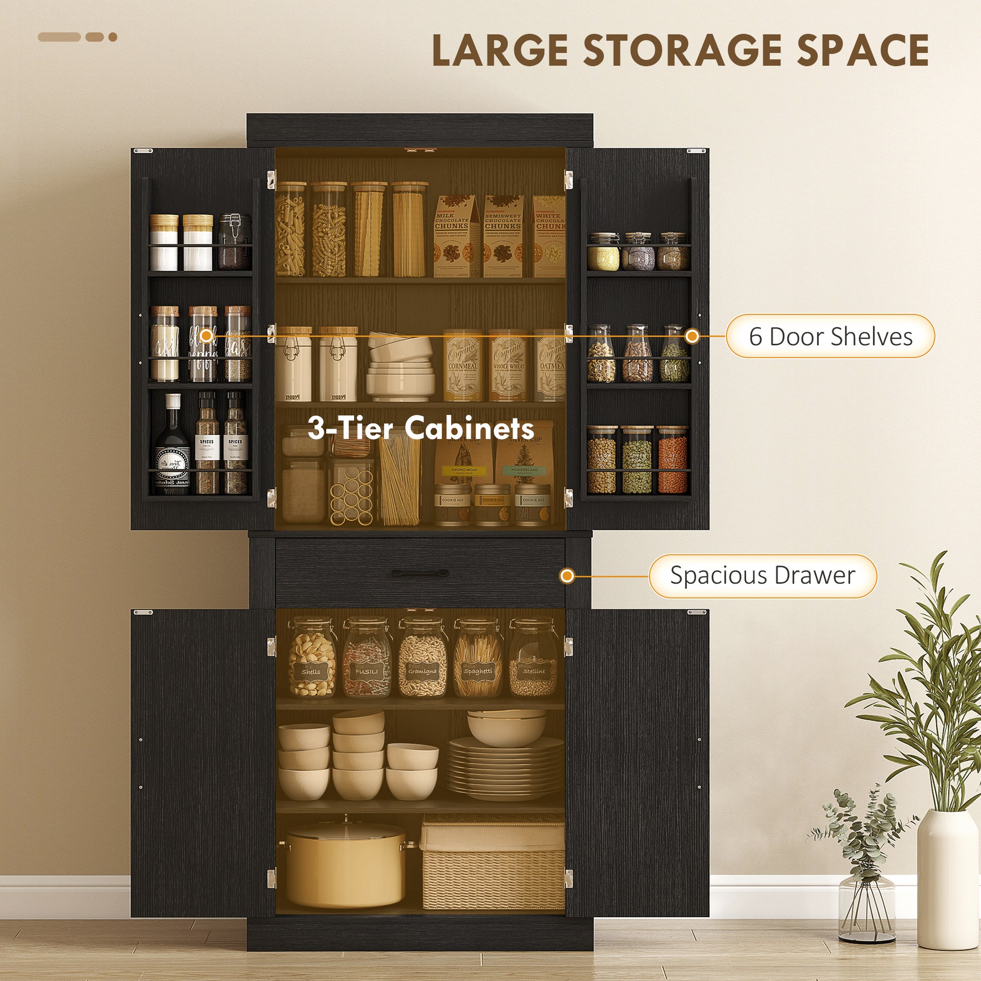Farmhouse 72" Pantry Cabinet - Black, 4 Barn Doors, 6 Shelves, Drawer-DECOROLALA