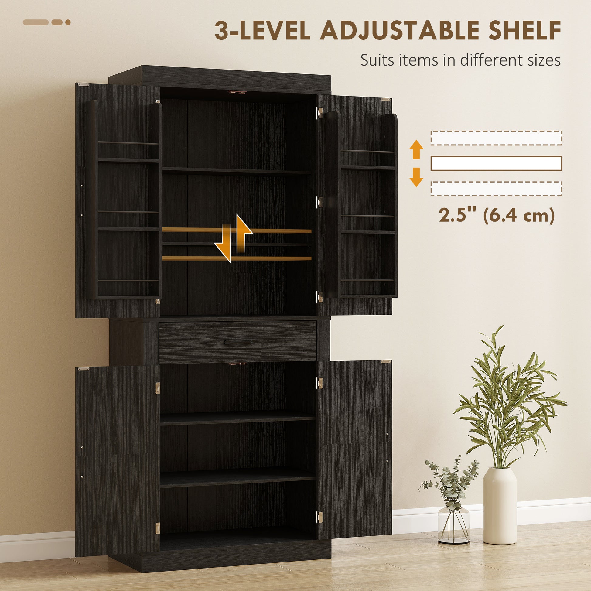 Farmhouse 72" Pantry Cabinet - Black, 4 Barn Doors, 6 Shelves, Drawer-DECOROLALA