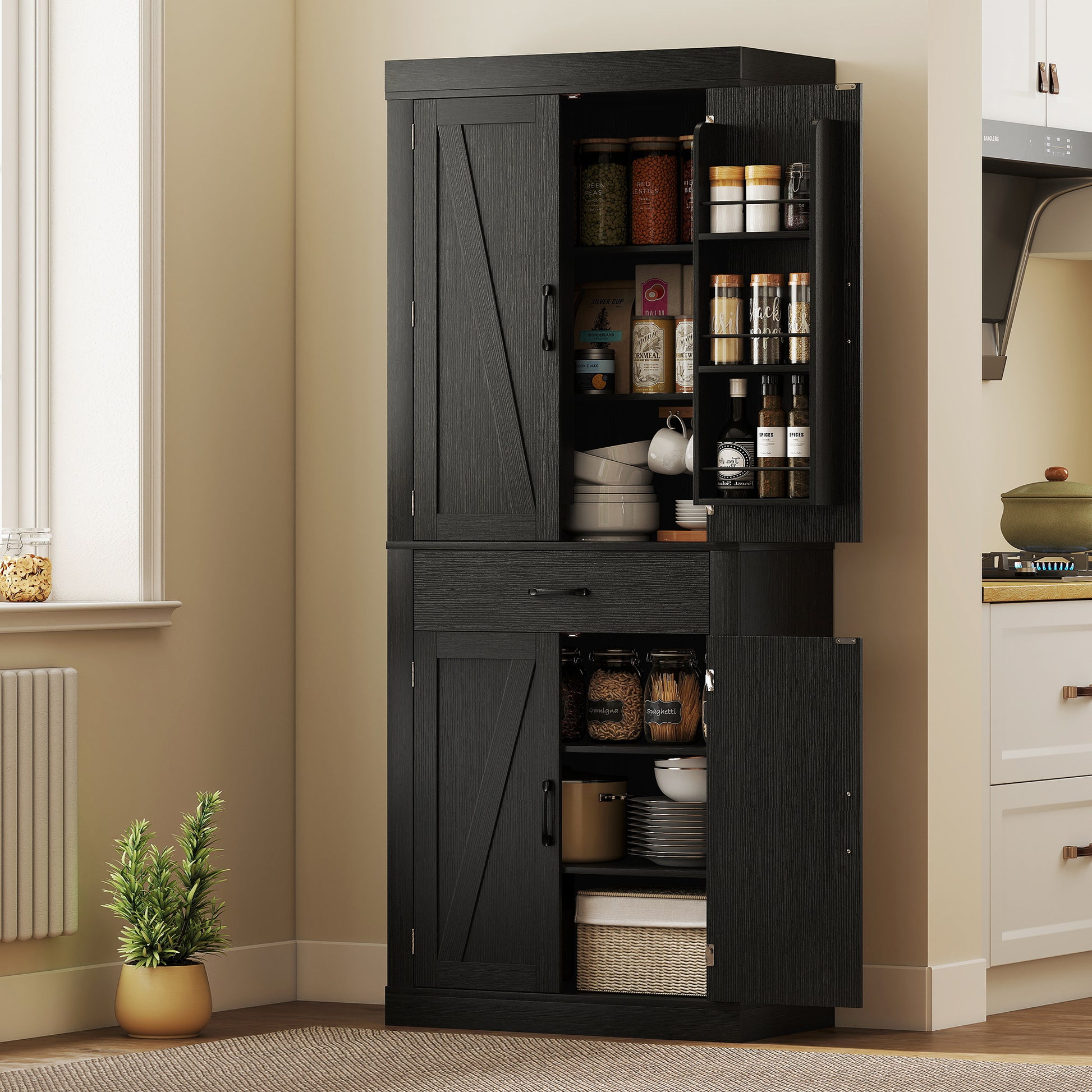 Farmhouse 72" Pantry Cabinet - Black, 4 Barn Doors, 6 Shelves, Drawer-DECOROLALA