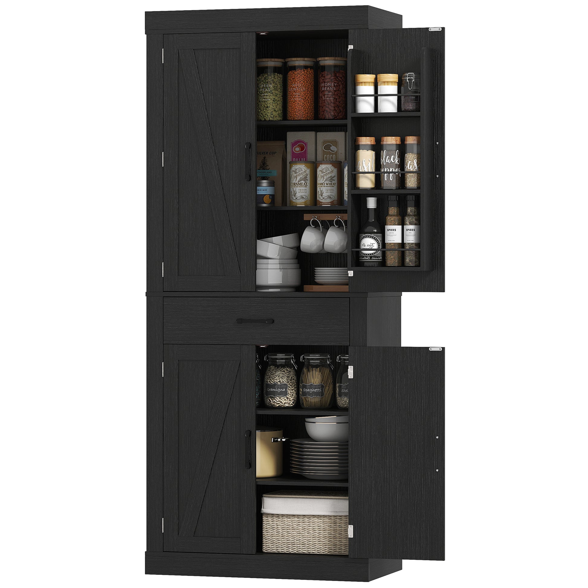 Farmhouse 72" Pantry Cabinet - Black, 4 Barn Doors, 6 Shelves, Drawer-DECOROLALA