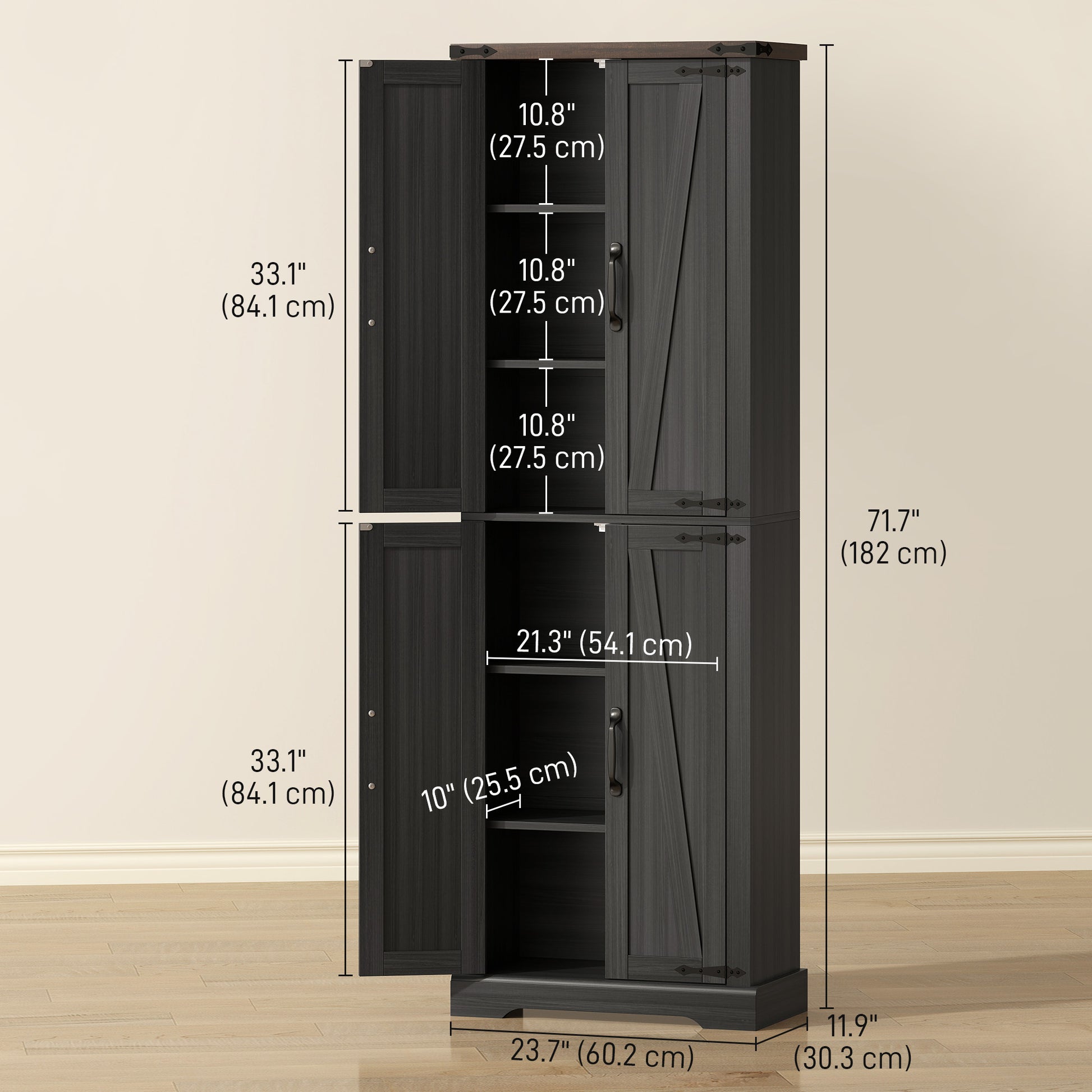 Farmhouse 72" Pantry Cabinet - Black Kitchen Storage with Adjustable Shelves-DECOROLALA