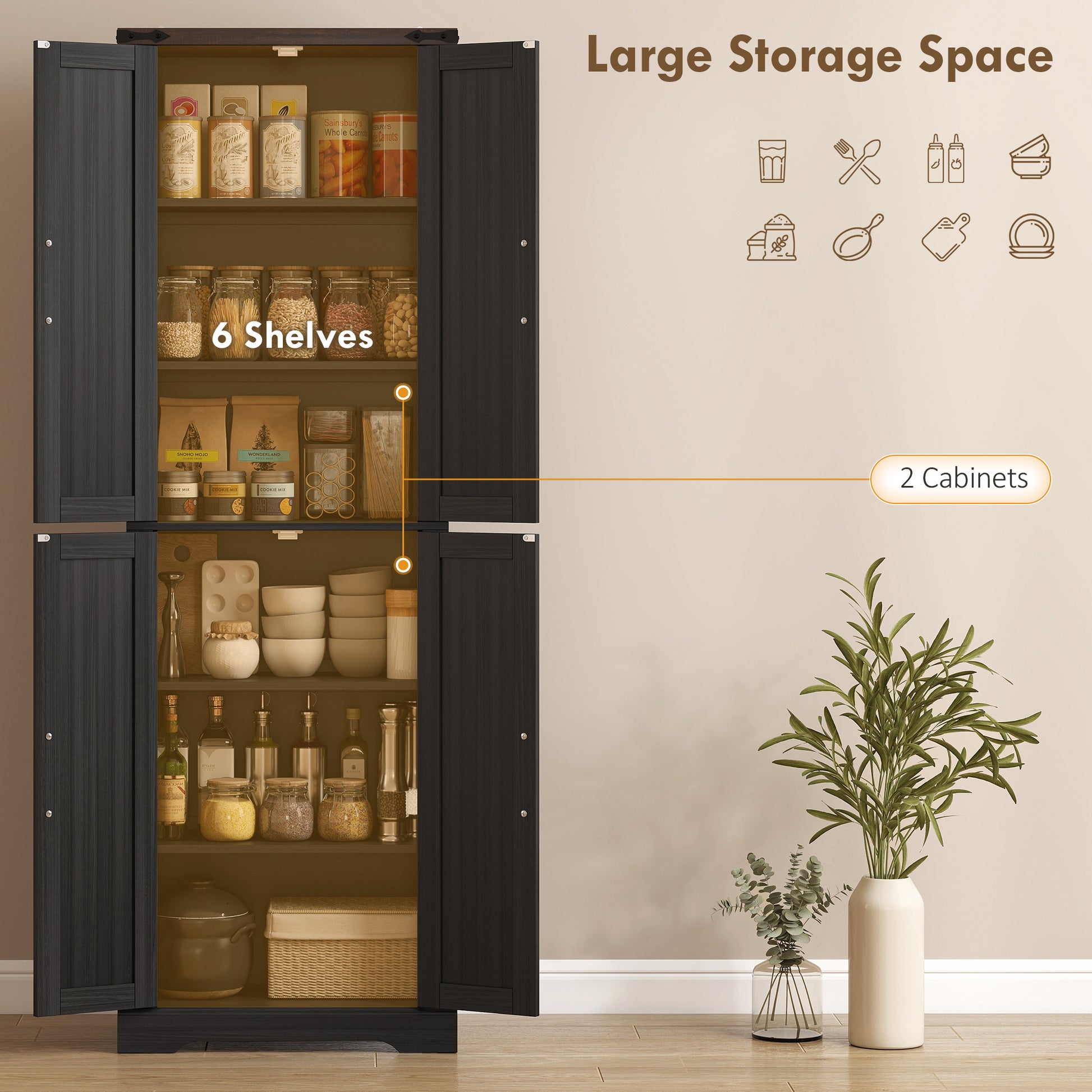 Farmhouse 72" Pantry Cabinet - Black Kitchen Storage with Adjustable Shelves-DECOROLALA