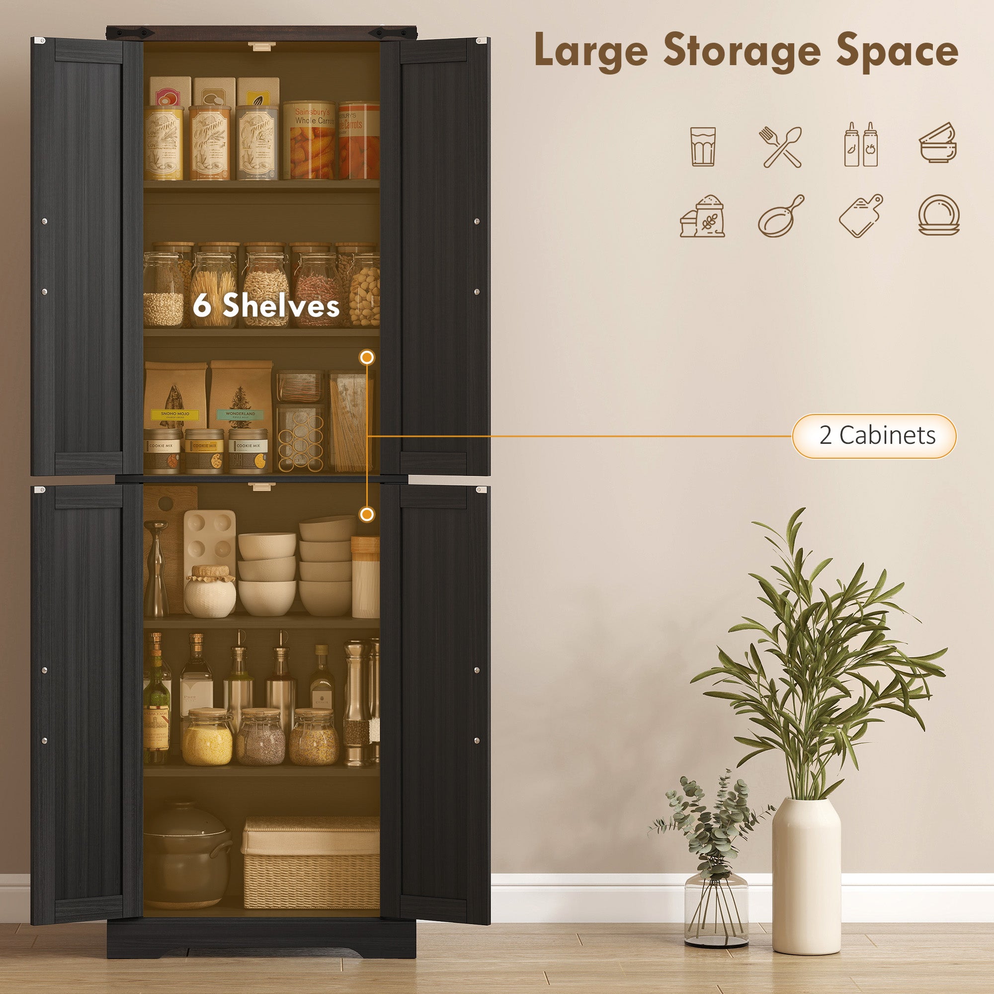 Farmhouse 72" Pantry Cabinet - Black Kitchen Storage with Adjustable Shelves-DECOROLALA