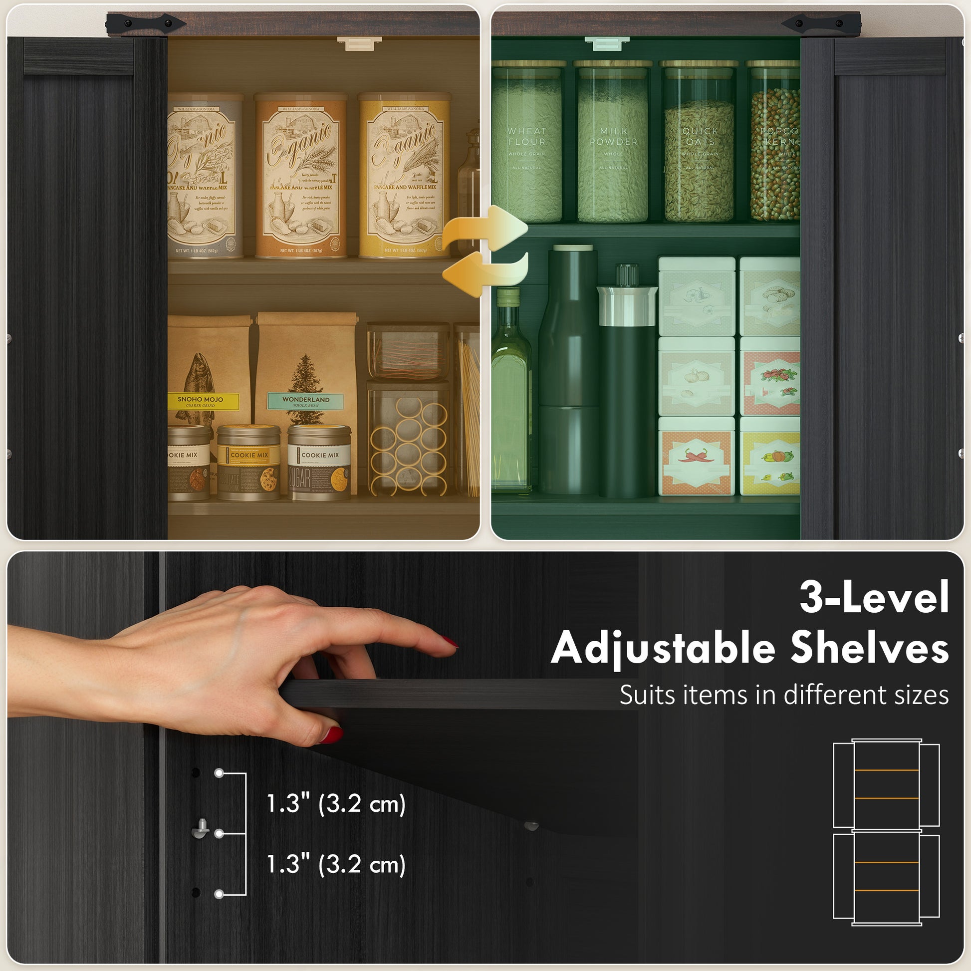 Farmhouse 72" Pantry Cabinet - Black Kitchen Storage with Adjustable Shelves-DECOROLALA