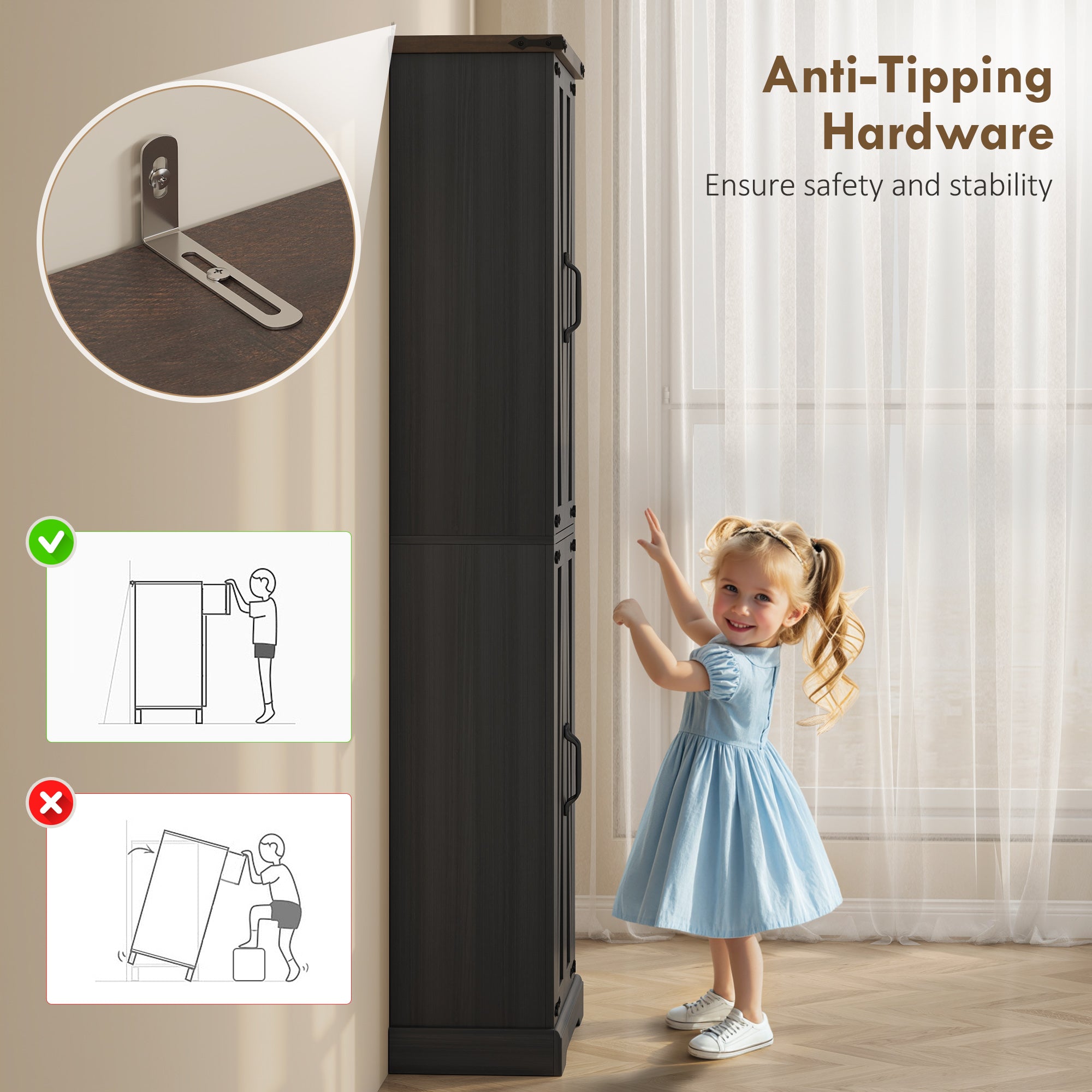 Farmhouse 72" Pantry Cabinet - Black Kitchen Storage with Adjustable Shelves-DECOROLALA