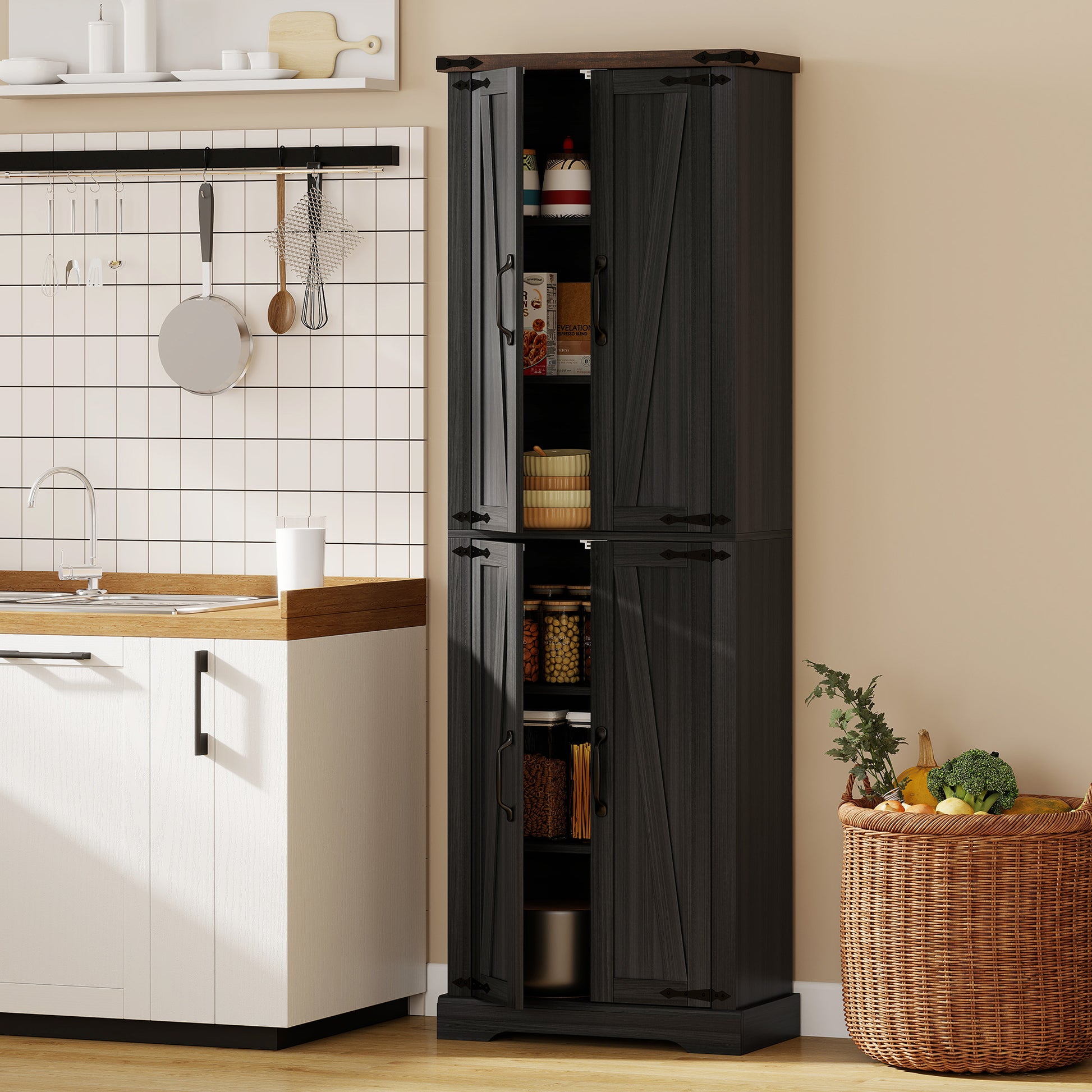 Farmhouse 72" Pantry Cabinet - Black Kitchen Storage with Adjustable Shelves-DECOROLALA