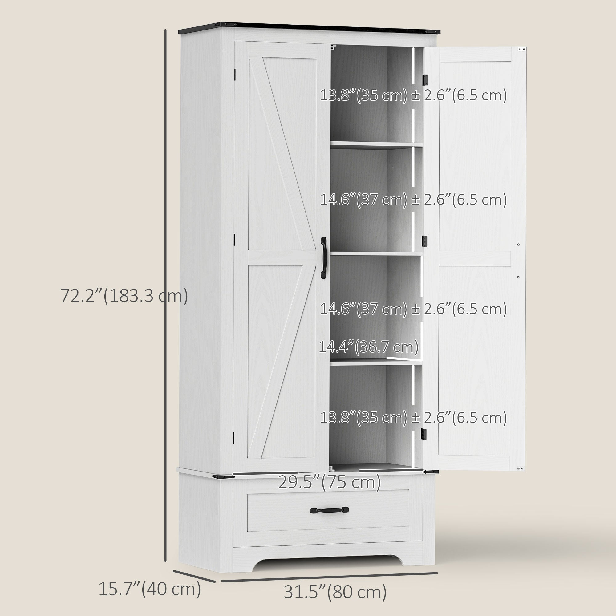 Farmhouse 72" Pantry Cabinet with Adjustable Shelves, 2 Doors, White Wood Grain-DECOROLALA