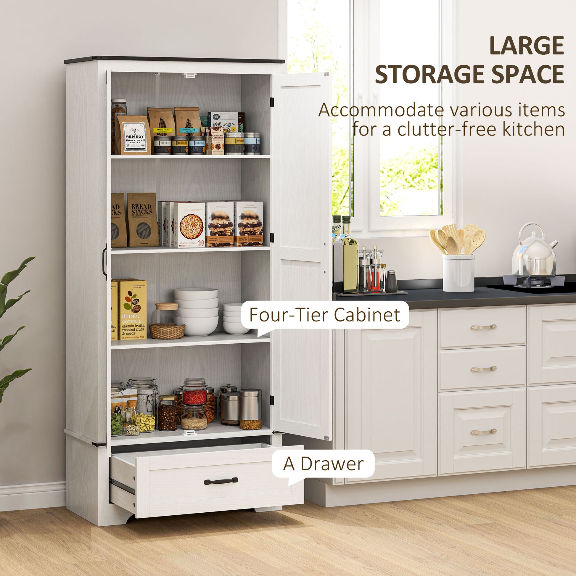 Farmhouse 72" Pantry Cabinet with Adjustable Shelves, 2 Doors, White Wood Grain-DECOROLALA
