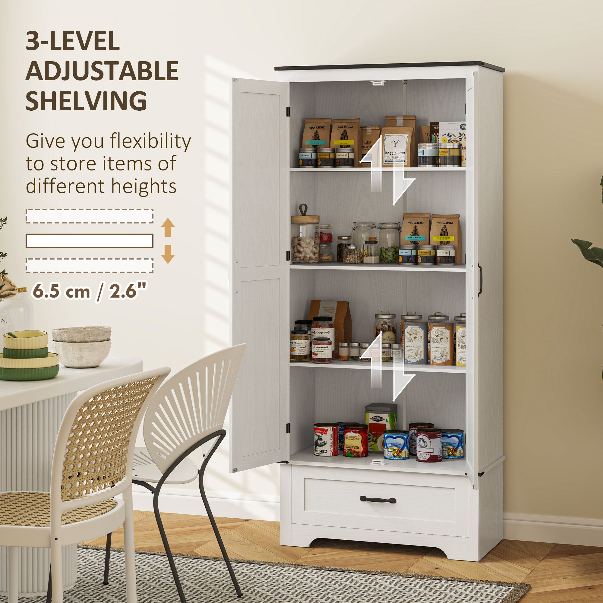Farmhouse 72" Pantry Cabinet with Adjustable Shelves, 2 Doors, White Wood Grain-DECOROLALA