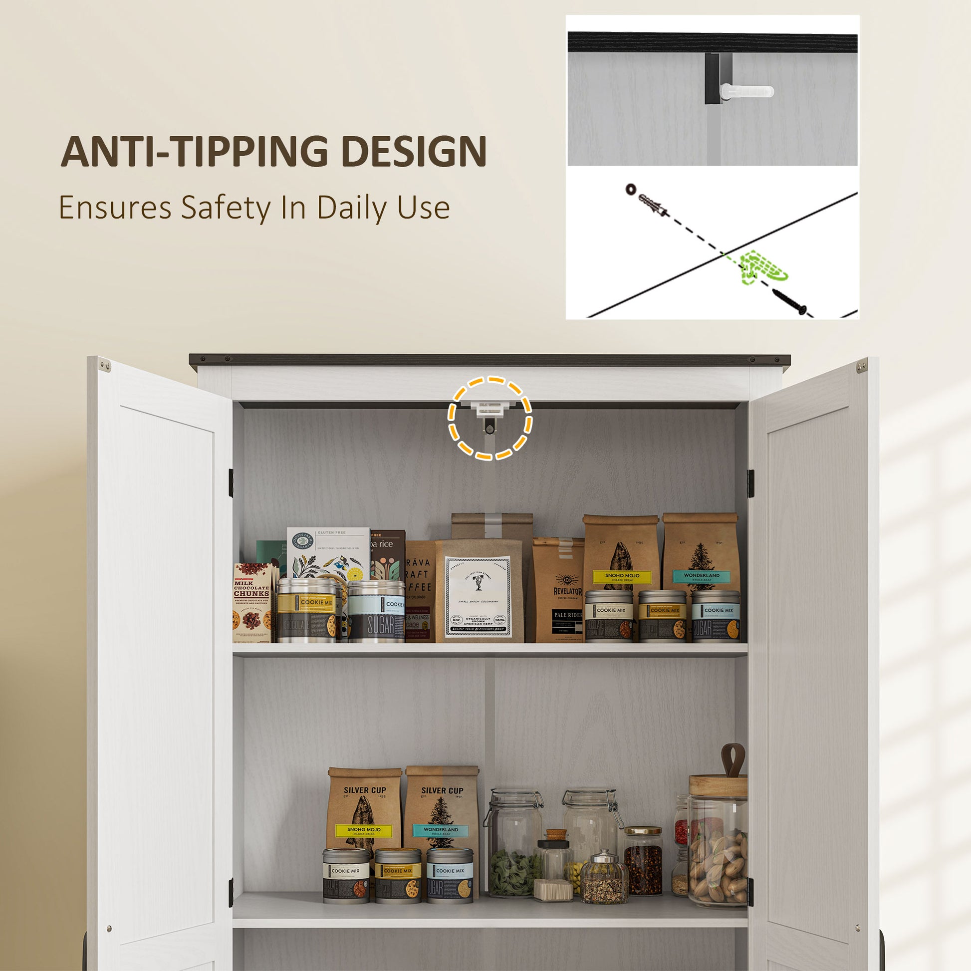 Farmhouse 72" Pantry Cabinet with Adjustable Shelves, 2 Doors, White Wood Grain-DECOROLALA